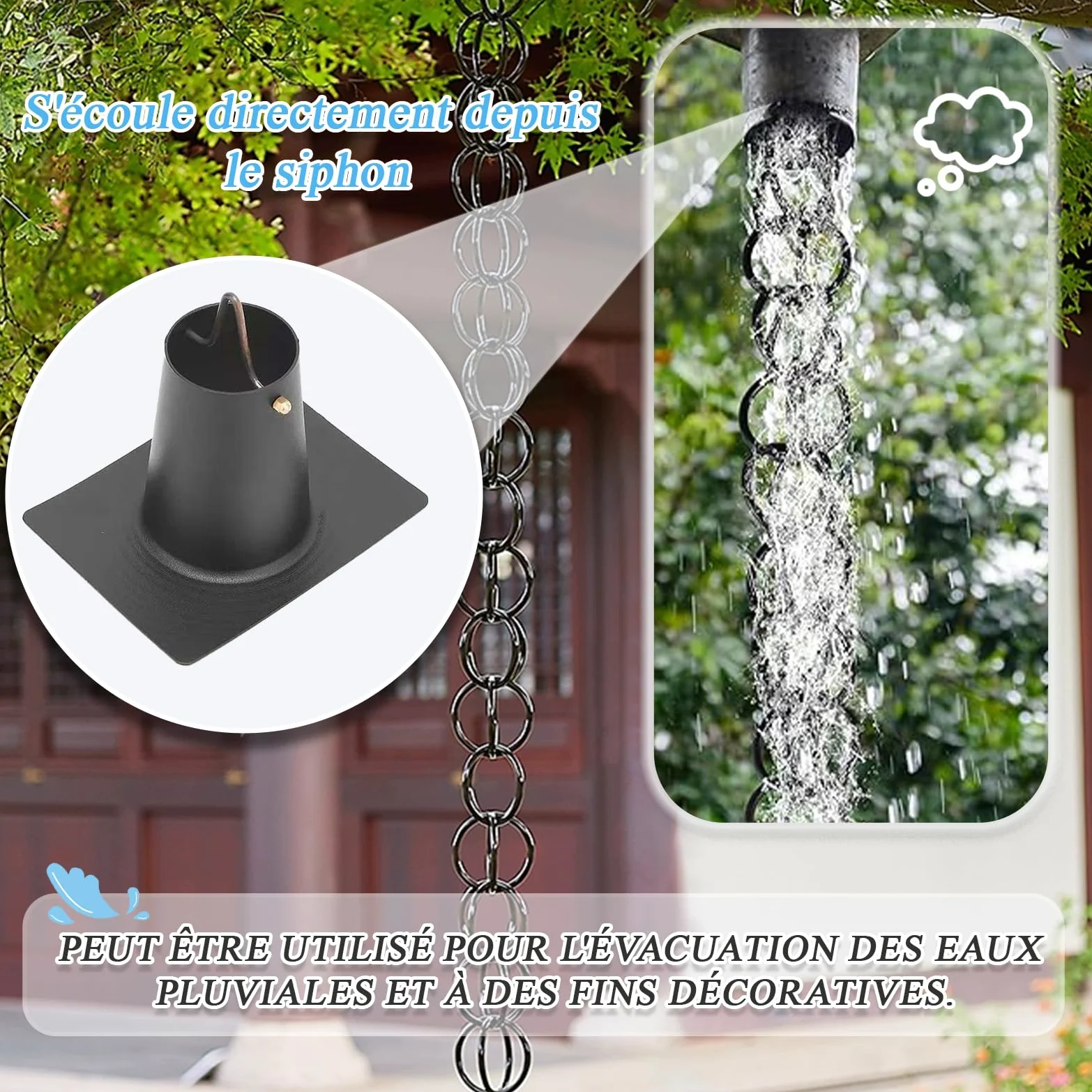 Chaine de Pluie Décoratif Chaine de Pluie en Aluminium Antique - Robuste et Léger pour Une Evacuation d'eau Artistique Double Anneau Marron–B-2.4m