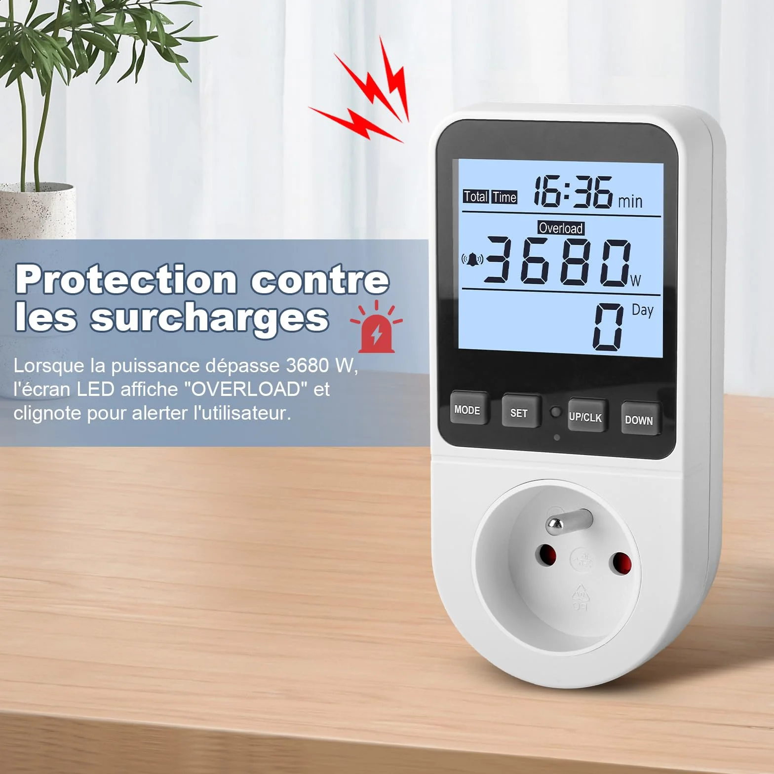 Wattmètre Prise Compteur d'Énergie 8 Modes, Écran LCD Rétroéclairé, Alarme Surcharge 3680W
