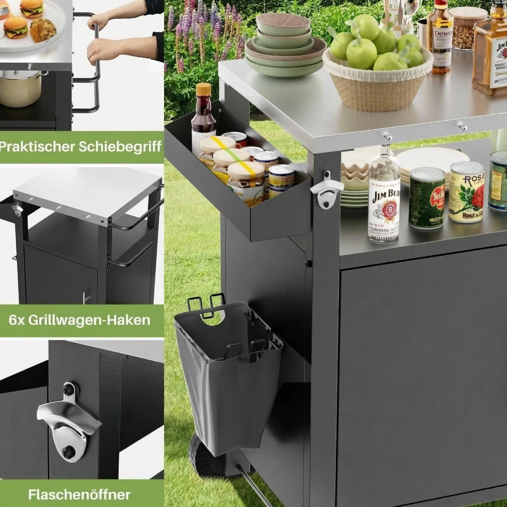Desserte à roulettes de Jardin 46x46.2x87.9cm Chariot Barbecue Cuisine Exterieur avec Crochets Étagères Épices Armoire Noir
