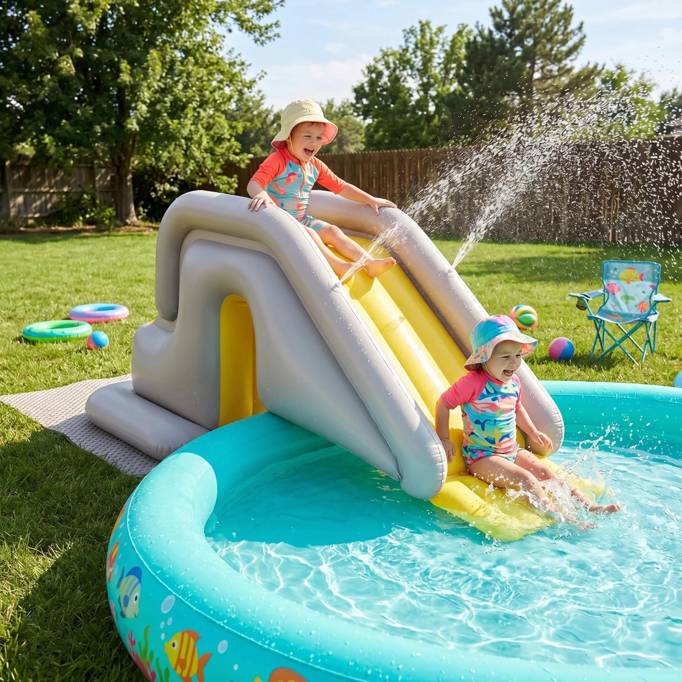 Toboggan de piscine gonflable, toboggan de piscine avec large base remplissable d'eau - Installation et rangement faciles PVC intérieur/extérieur pour enfants et adultes (kaki, avec pompe à pied), na