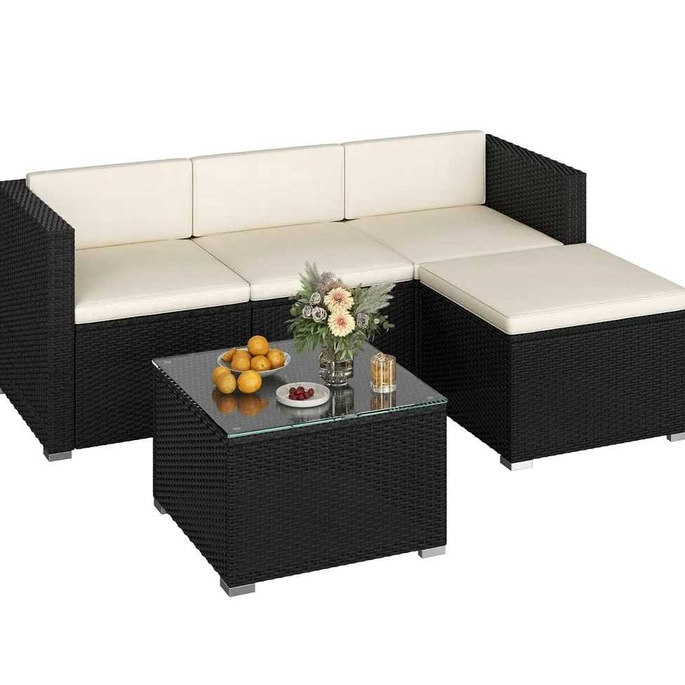 Yaheetech Salon de Jardin Exterieur 4 Personnes en Polyrotin Ensemble Mobilier de Jardin 5 Pièces avec 3 Canapé Modulables 1 Table Basse 1 Ottomane pour Balcon Bistro Patio Terrasse Noir/Beige