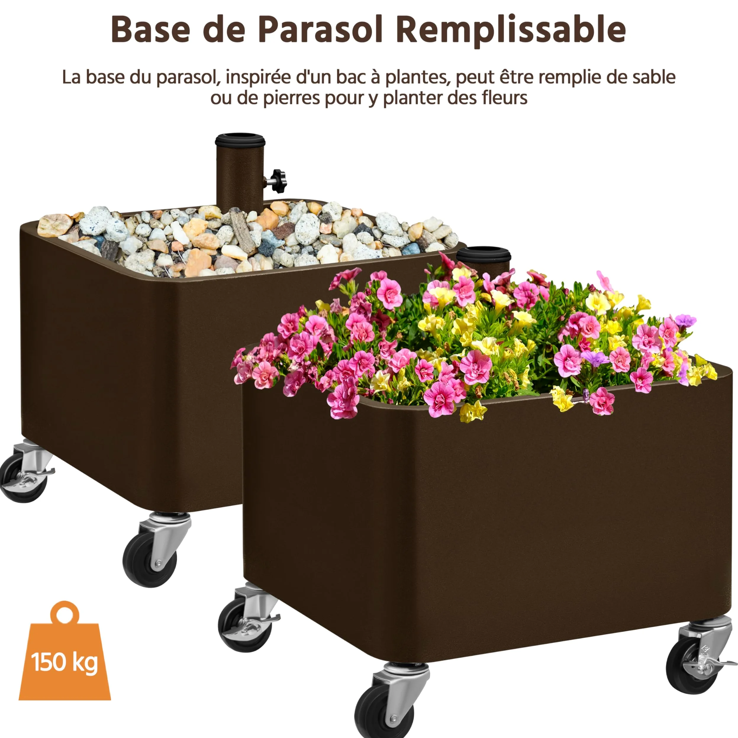 Yaheetech Pied de Parasol Carré avec Pot de Fleur 2 en 1, Charge Max. 150 kg, Support Parasol Base de Parasol avec roulettes, Trous de Drainage, Remplissage Sable/Pierres 45,5 x 45,5 x 48 cm