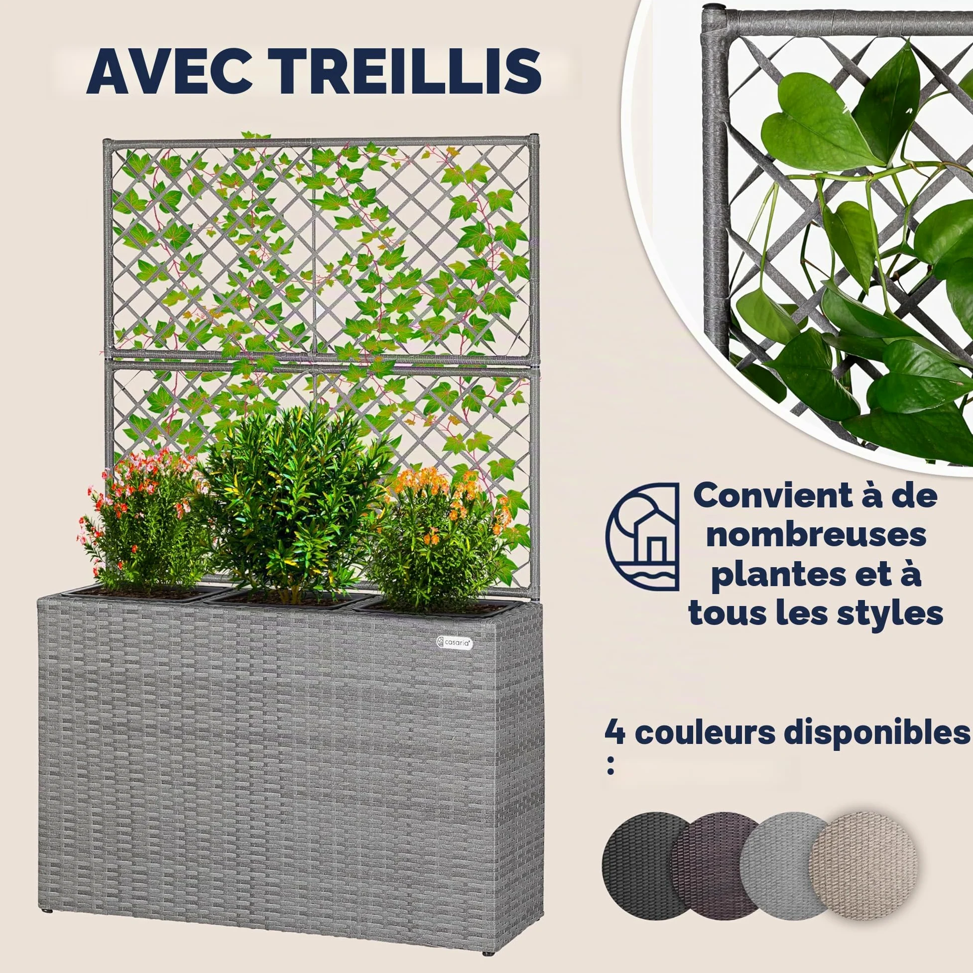 Casaria Jardinière en polyrotin avec Treillis Gris 146 x 83 x 30,5 cm Set de 3 Pots de Fleurs bac à Fleurs pour Jardin Maison Balcon