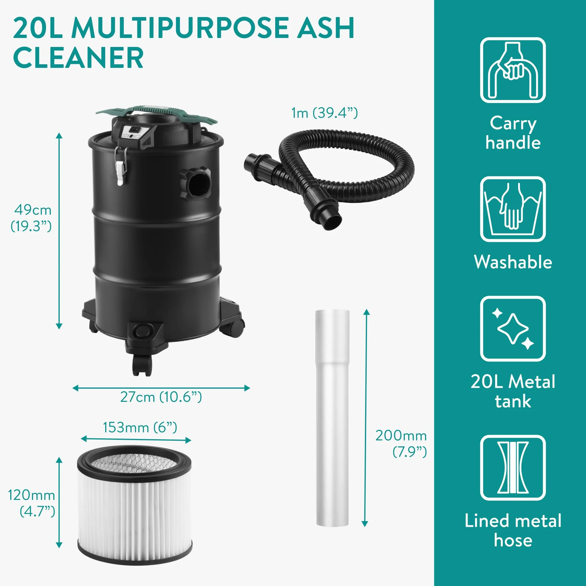 Navaris Aspirateur à Cendres 1000W 20L