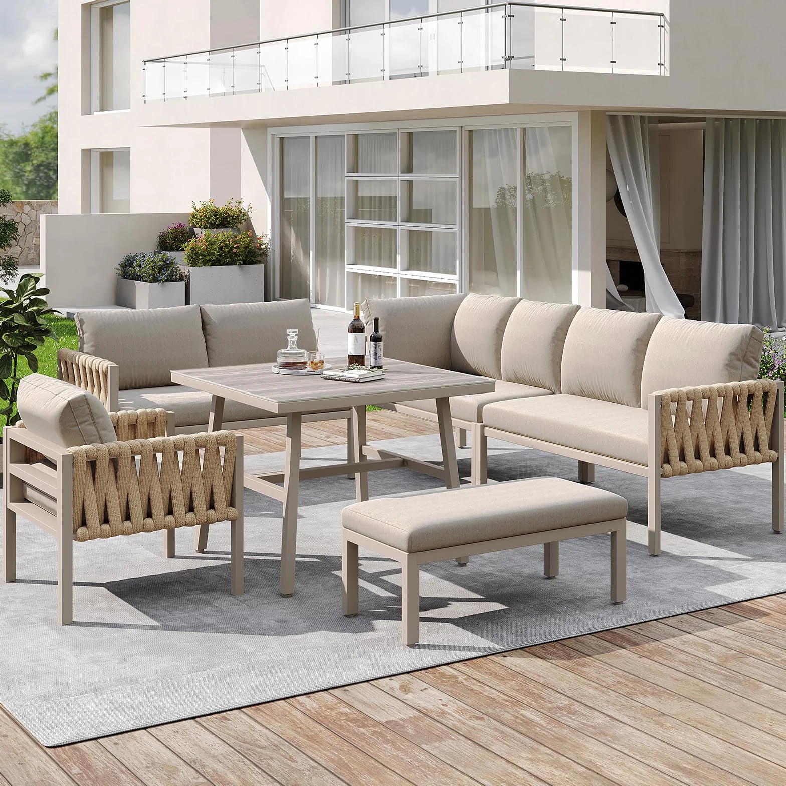 Ensemble de mobilier de Jardin 7 Places, 7 sièges, 1 Table Basse, rotin PE, Tubes en Acier galvanisé, Verre trempé, Coussins d'assise déhoussables et lavables (6-10 Seats-O)