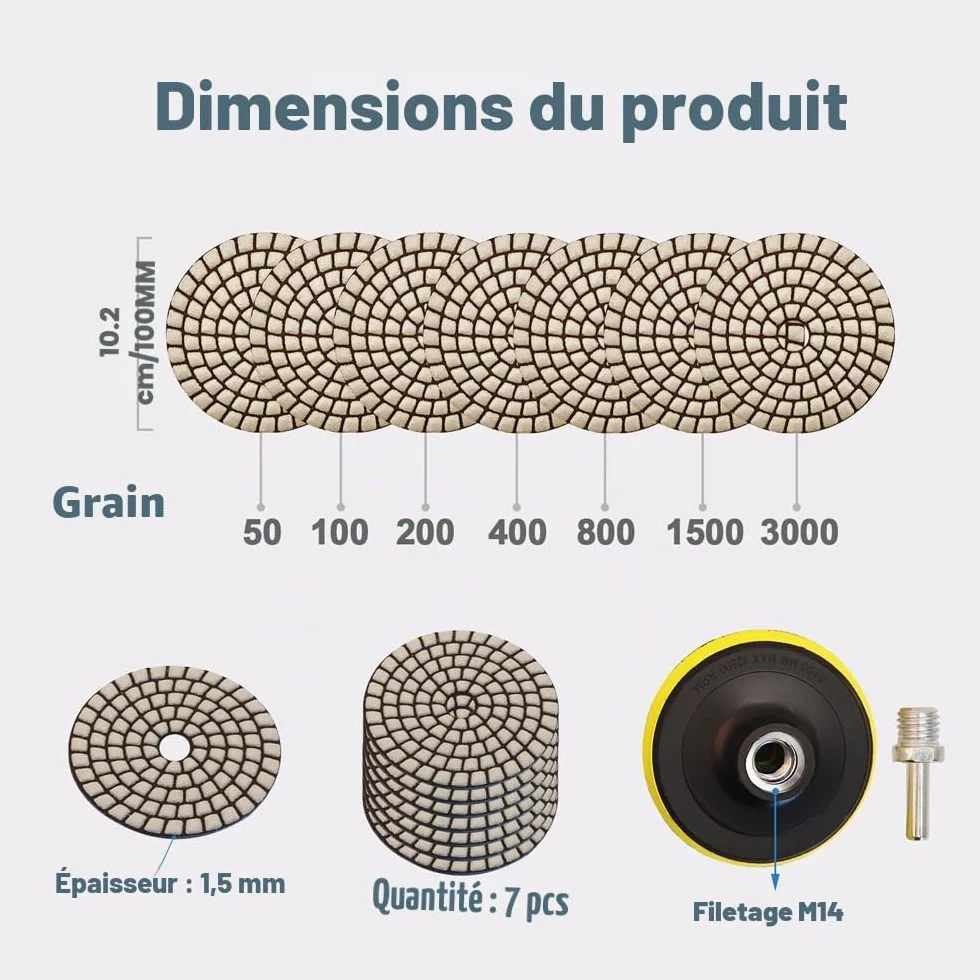 HIGHDRIL Lot de 7 tampons de polissage diamantés secs #50-3000 M14 pour marbre granit