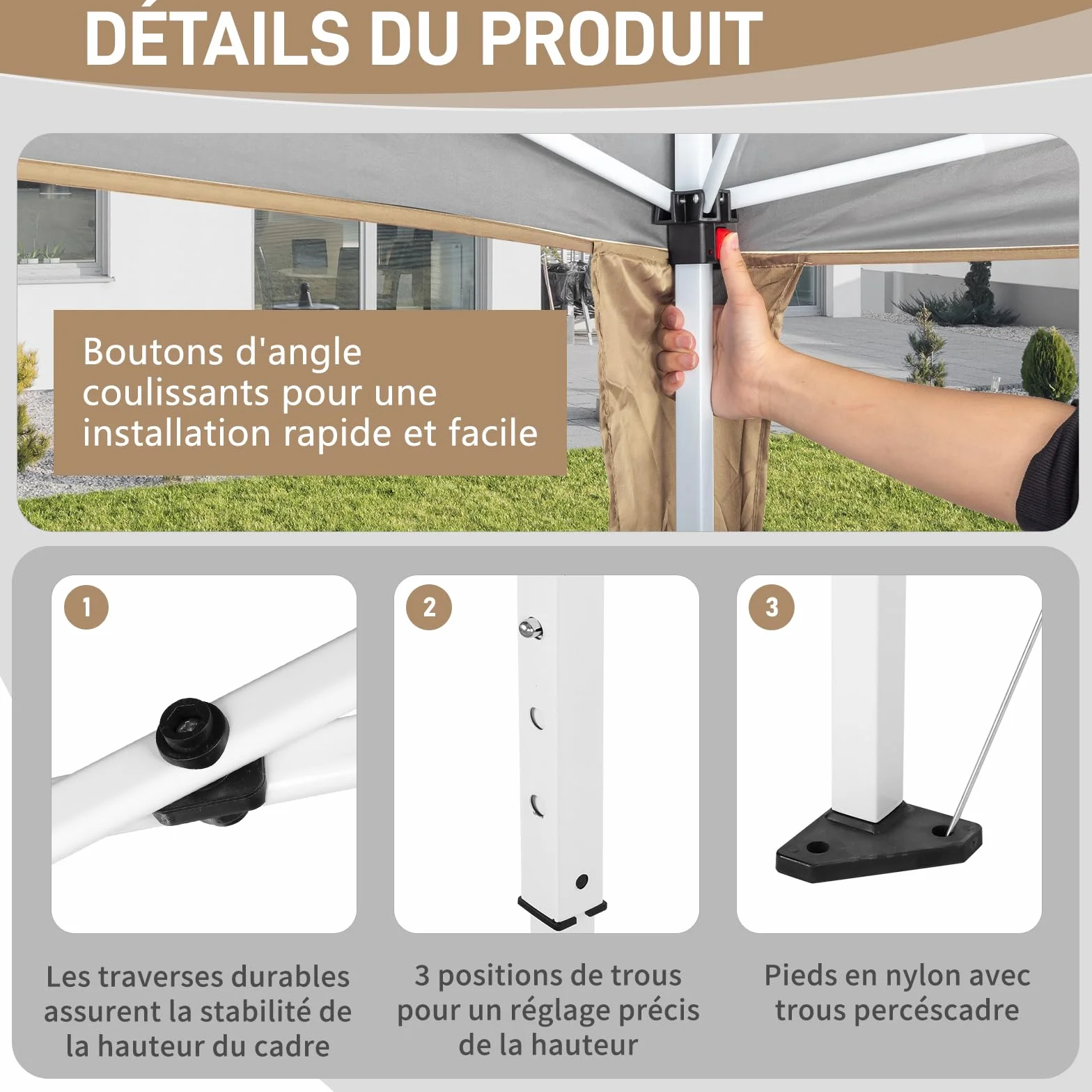 LEADZM Tonnelle Pliable 3x3 m Imperméable Anti-UV 50+, Hauteur Ajustable avec 4 Moustiquaires, Structure Stable, pour Jardin, Terrasse, Camping Et Usage Professionnel,Kaki