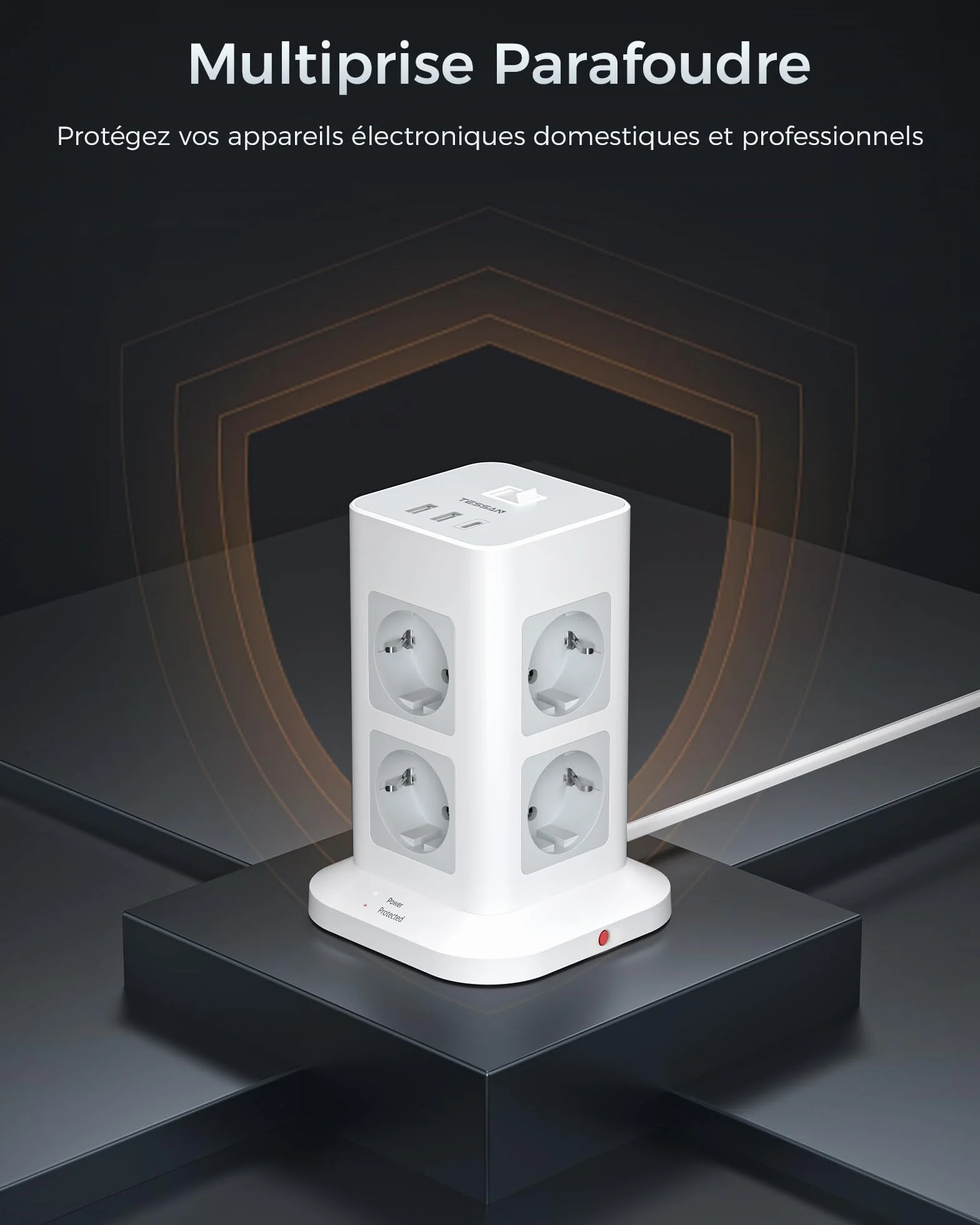 TESSAN 11 en 1 Multiprise avec Interrupteur, 8 Prises AC 3 USB, Parafoudre 3600W Rallonge 2M, Gris