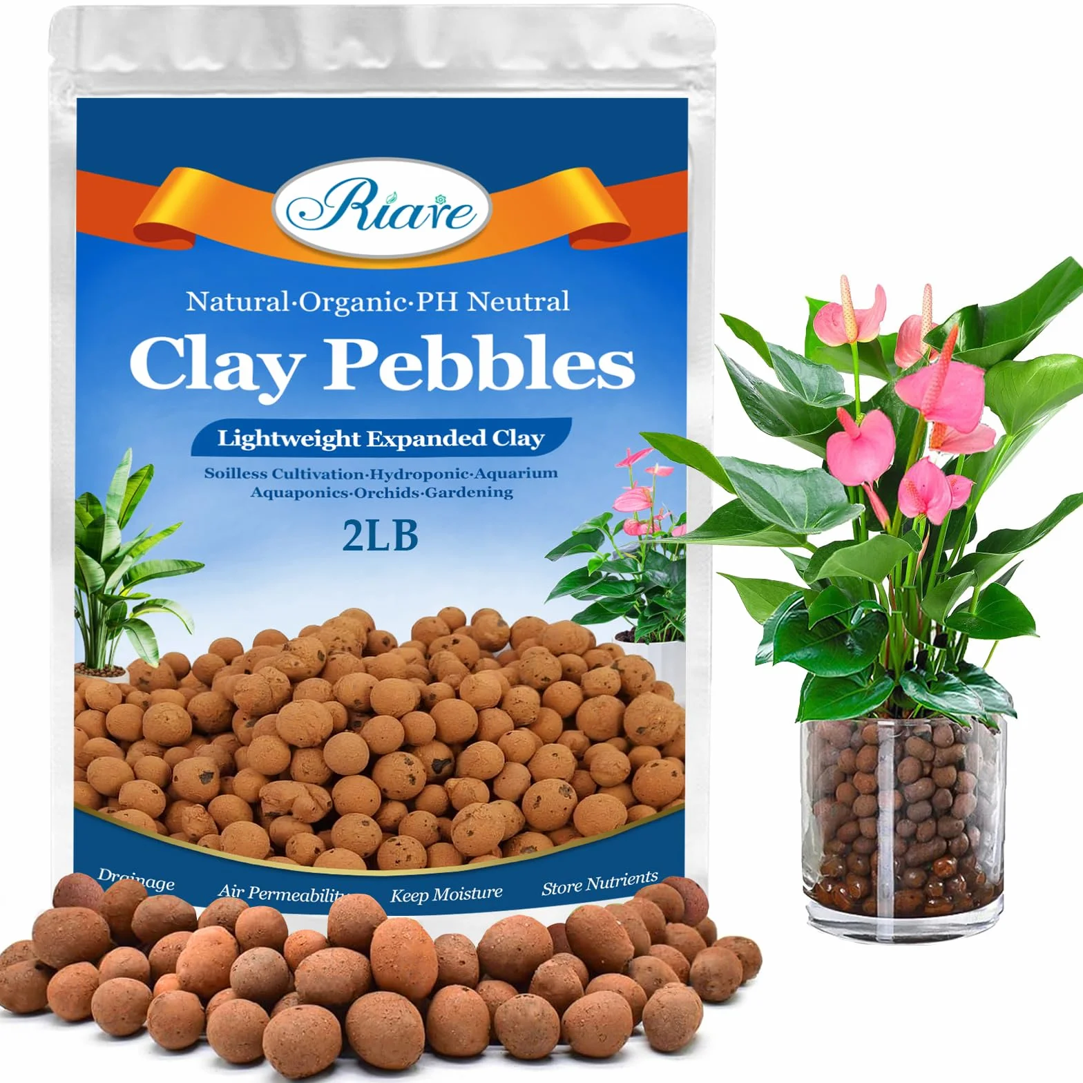 Riare Galets d'argile expansés organiques pour plantes, boules de leca naturelles, galets d'argile hydroponiques légers (2 L)