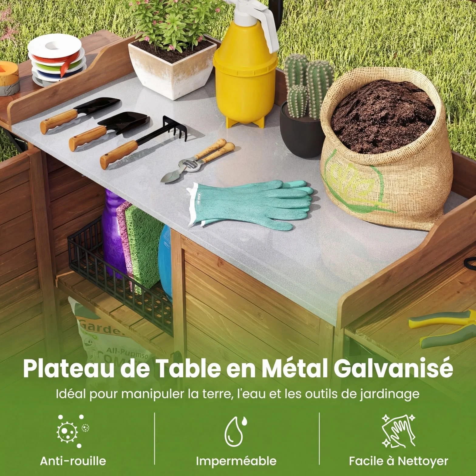 RELAX4LIFE Table de Rempotage d'Extérieur en Bois avec Armoire, Plateau Métal, Étagère 3 Niveaux