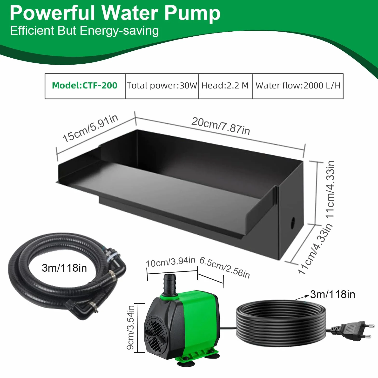 Cascade bassin jardin acier inoxydable pompe 30W 2000 l/h 20 cm filtre fontaine