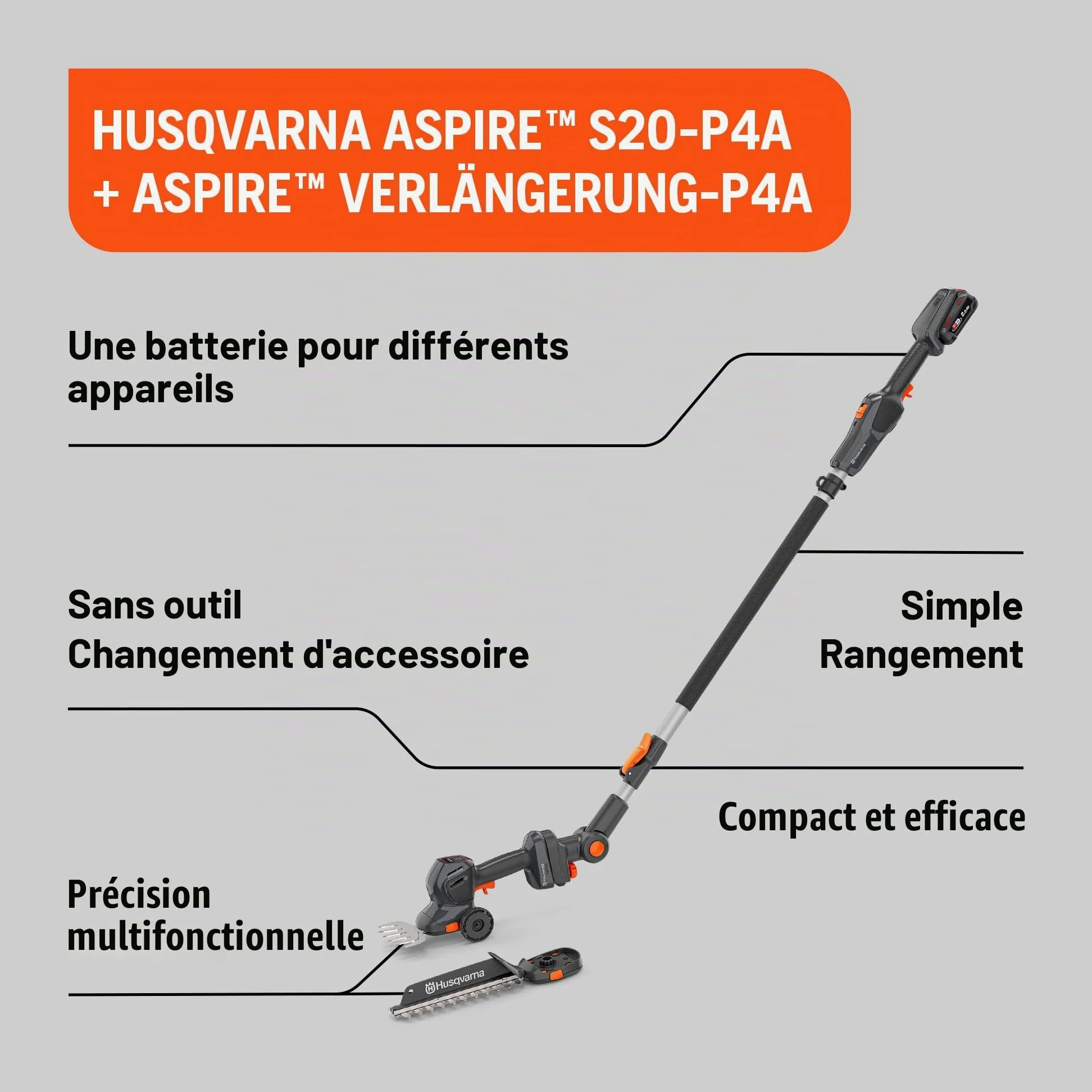 Husqvarna Aspire S20-P4A Cisaille à gazon et à arbustes sans fil avec rallonge, lame de cisaille à arbuste et à gazon, 18 V (avec rallonge, batterie et chargeur)