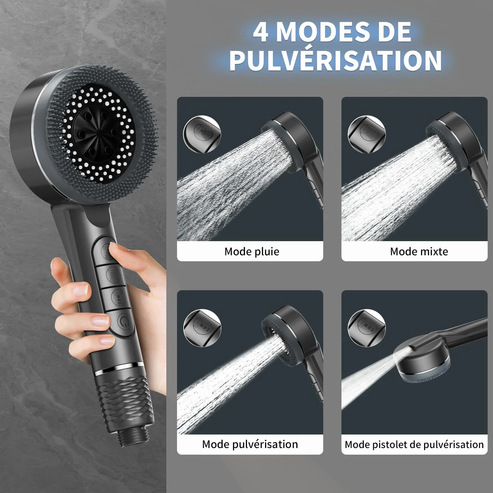 Pommeau Douche Haute Pression Anti Calcaire avec Filtre 15 Étapes Tuyau 1,5M Support 4 Jets Gris