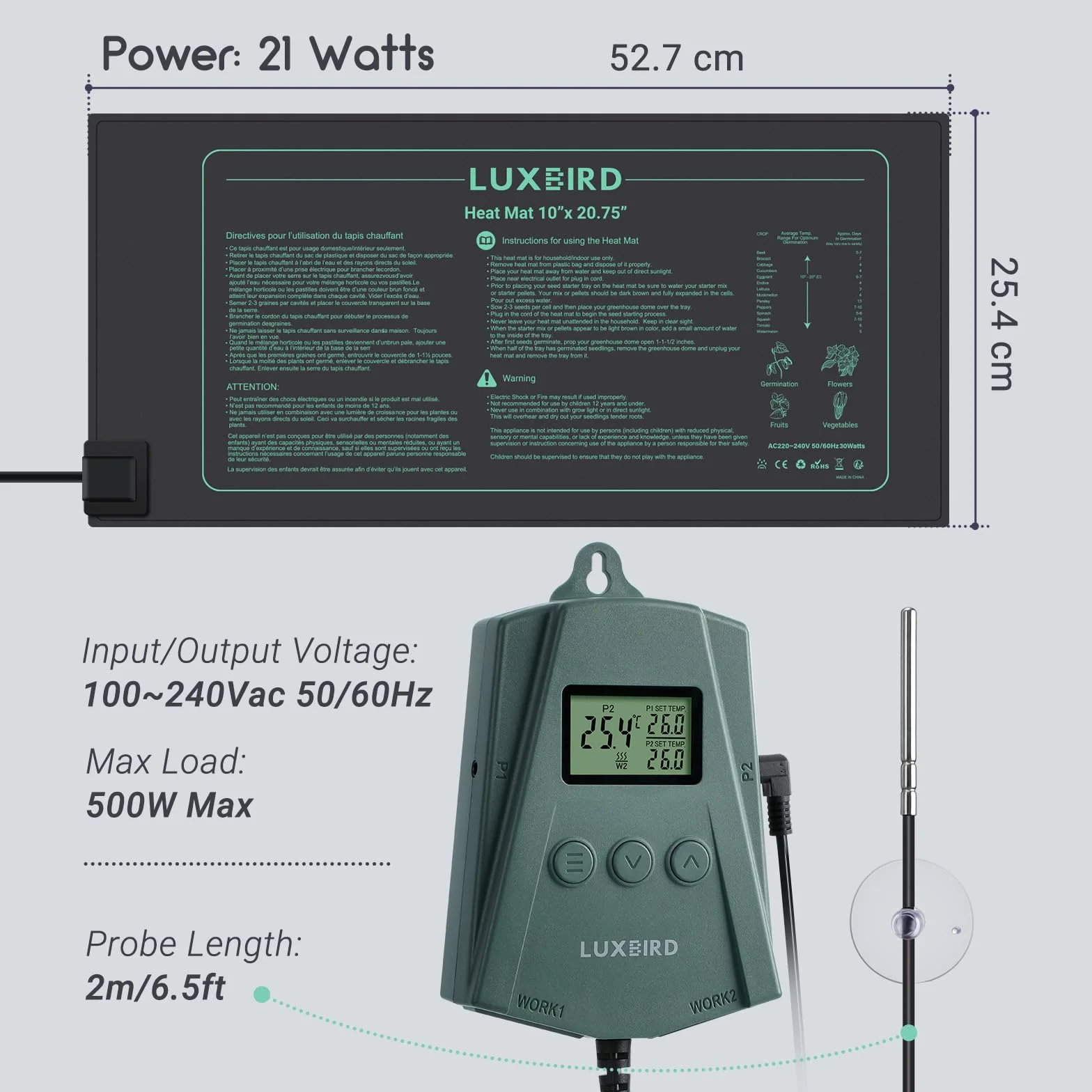 Luxbird Tapis Chauffants pour Semis avec Thermostat Numérique 21W - Chauffage Uniforme pour Germination, Serre et Plantes d’Intérieur