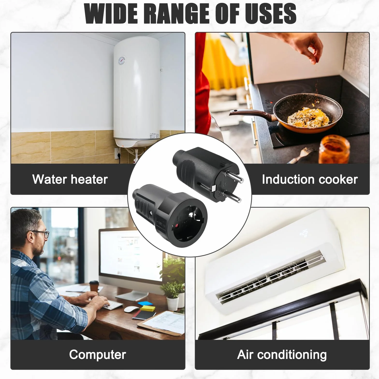 Lot de 3 paires de fiches Schuko 250V 16A IP44 en caoutchouc avec protection anti-torsion noir