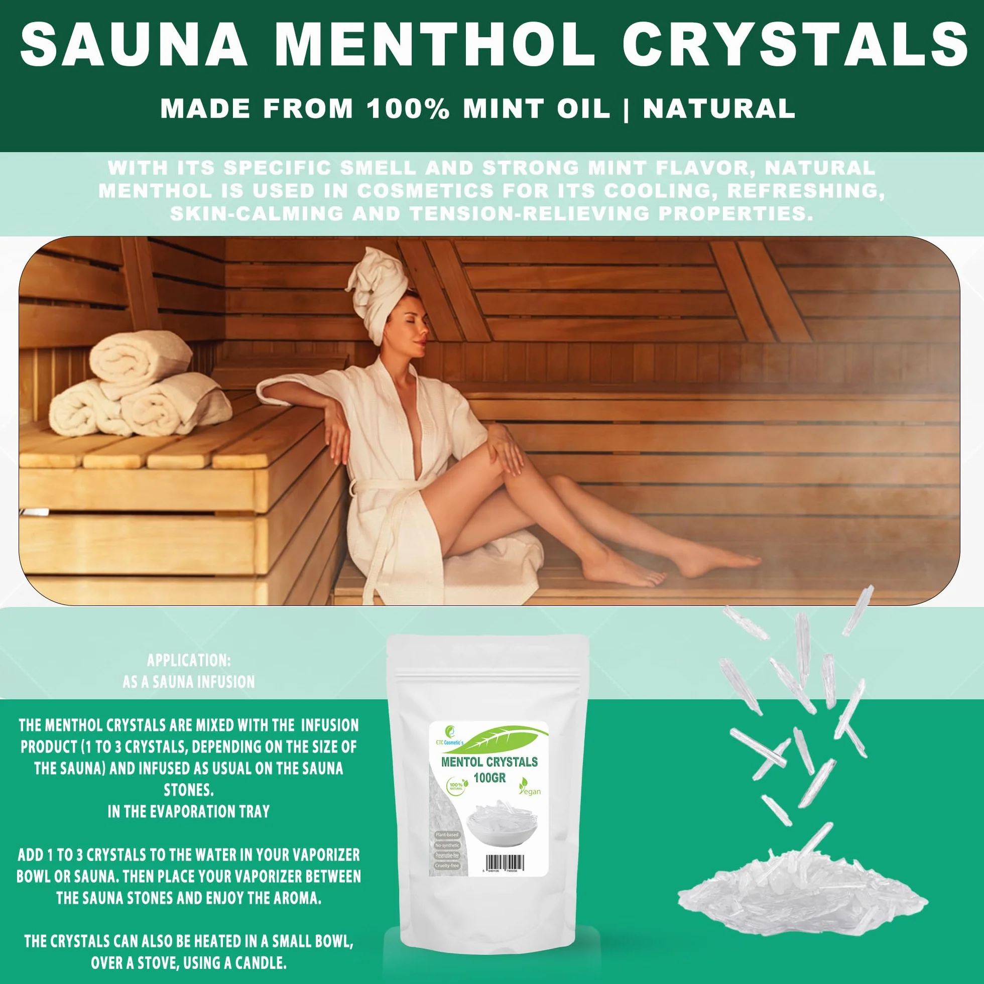 Cristaux de Menthol 100gr Menthe 100% Naturelle Rafraîchissant Cosmétique Sauna Infusion