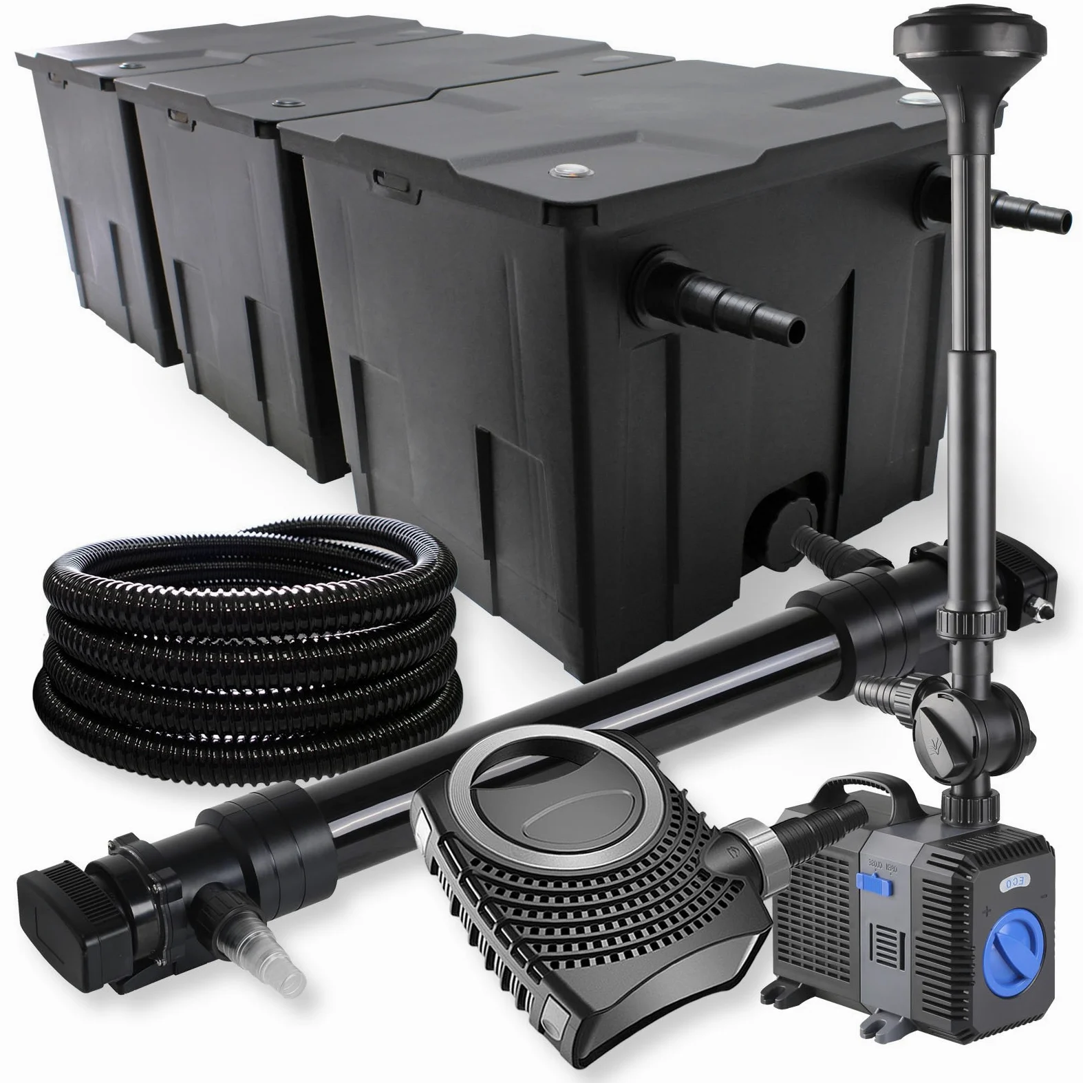 SunSun Kit complet: CBF-350C Filtre de bassin jusqu'à 90000 L, NEO10000 pompe de filtration 10000l/h 80W, CUV-672 lampe uv 72W, 25m Tuyau 25 mm, CTP-5003 fontaine 5000l/h 30W