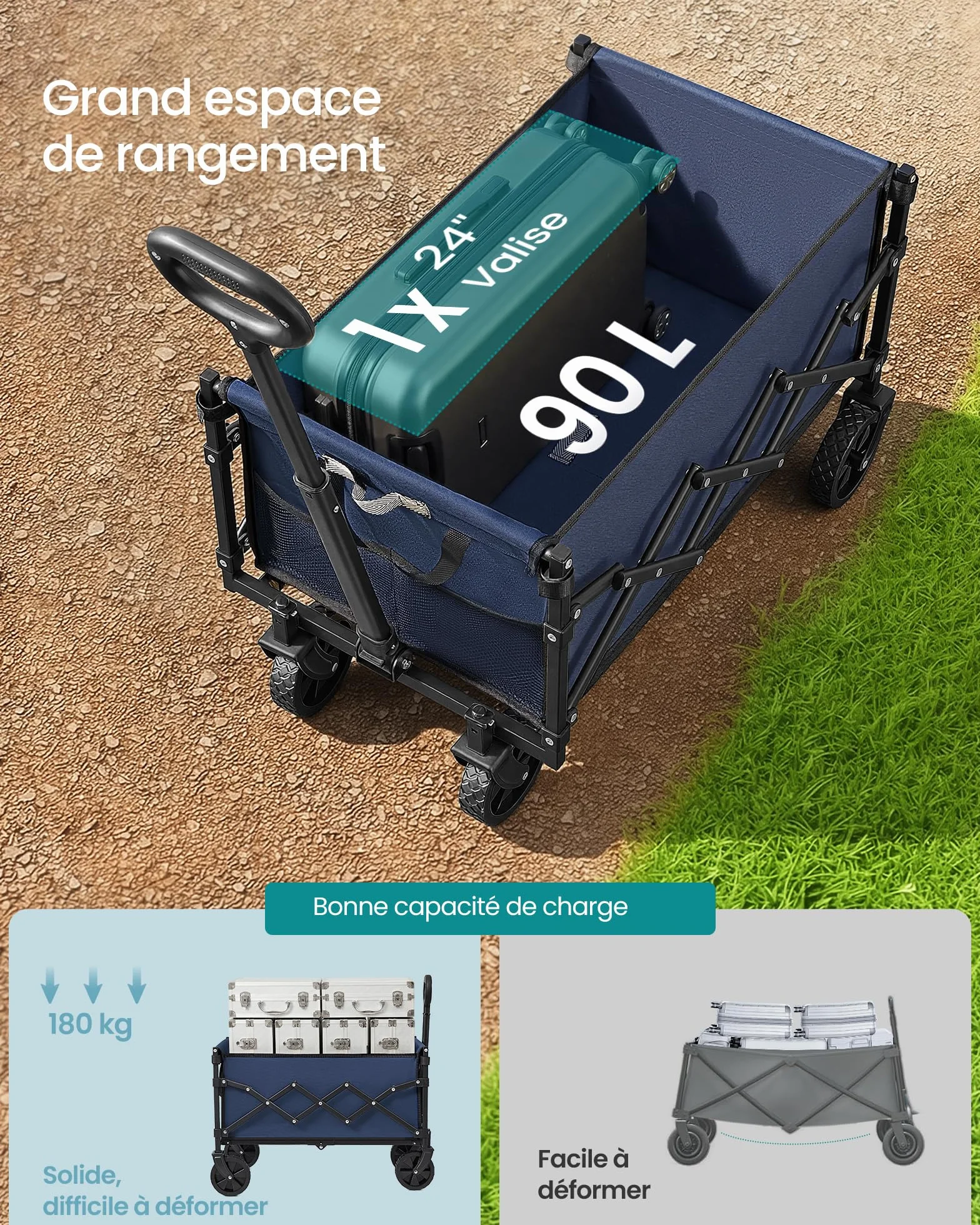 SONGMICS Chariot de Transport Pliable, Compact, 4 Roues Renforcées, Charge 180 kg, 90 L, Bleu Minuit