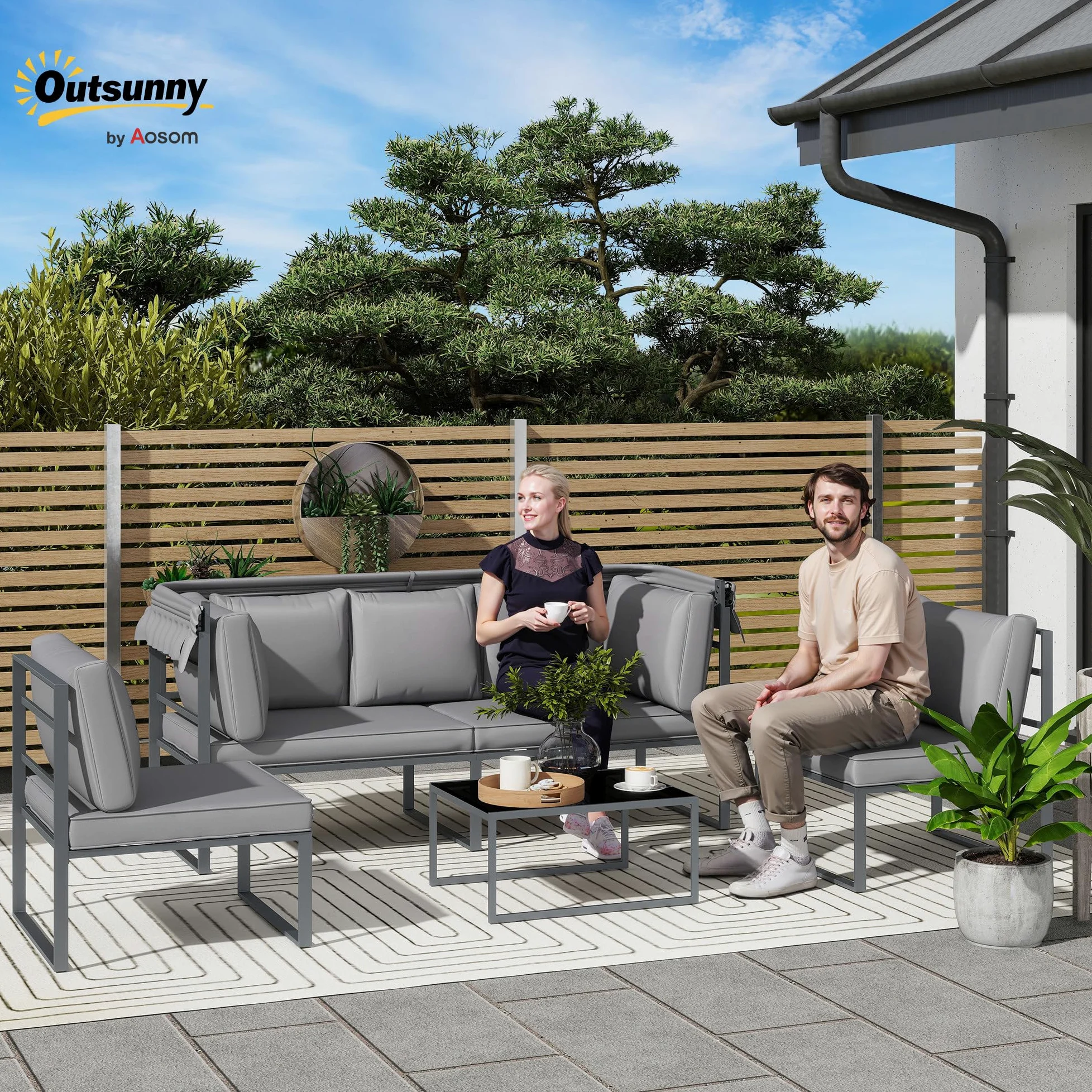 Outsunny Salon de Jardin extérieur 4 pièces modulaire avec canapé 3 Places, 2 fauteuils et Table Basse en Verre trempé, mobilier de Jardin avec Coussins Inclus pour terrasse ou véranda, Gris