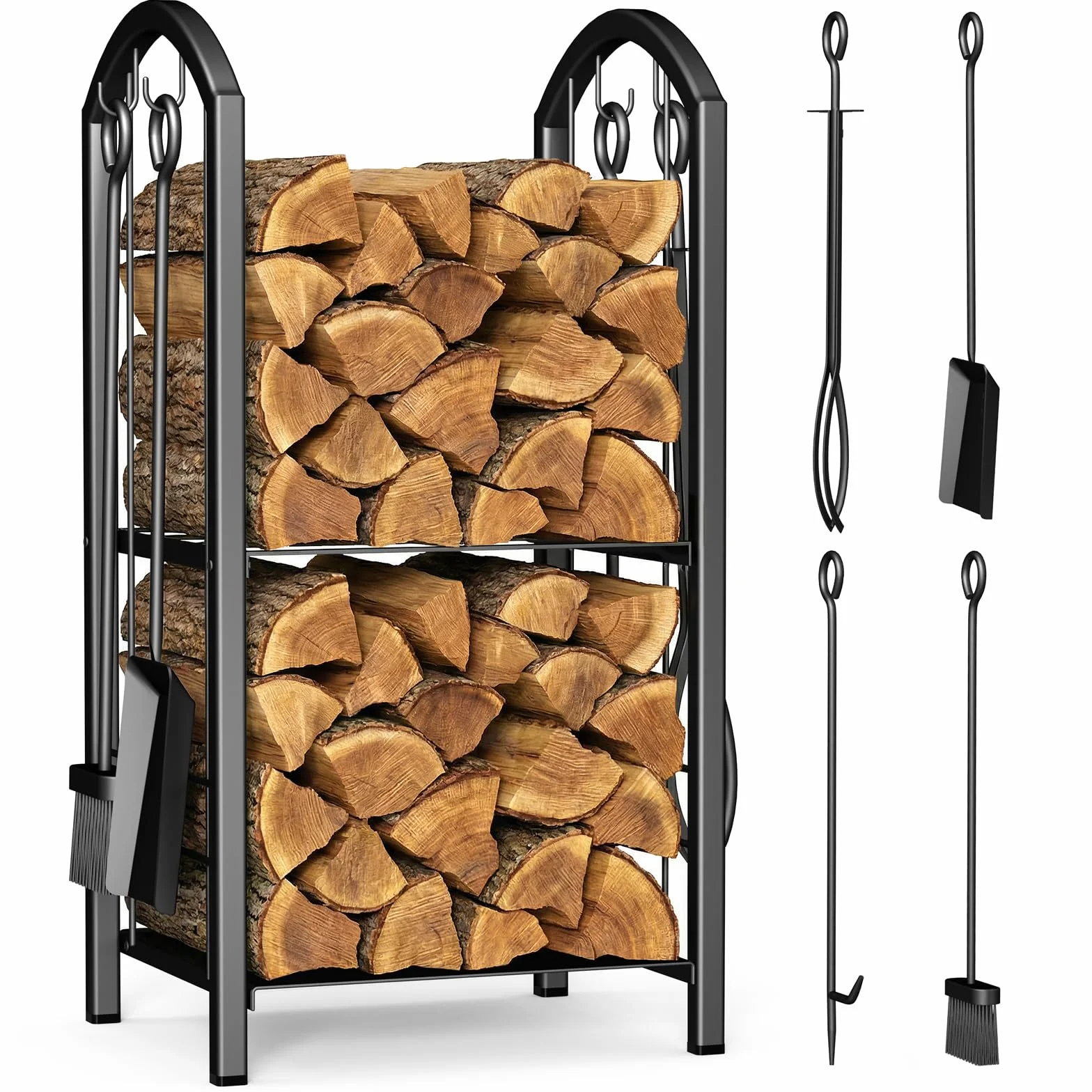 VOUNOT Porte Bûches de Cheminée avec 4 Outils et 2 Étagères en Métal Grande Capacité 75x38x38cm Noir