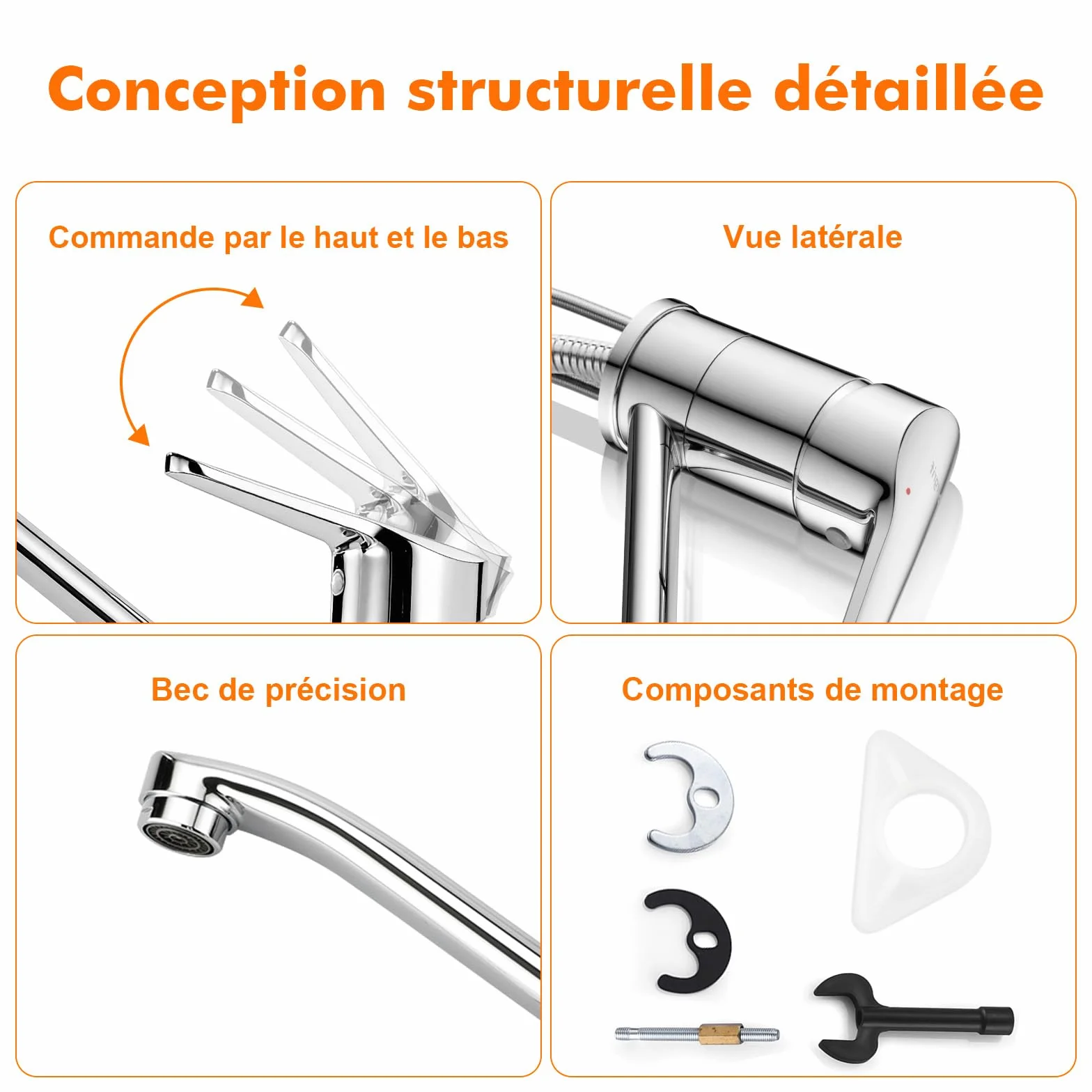 Ibergrif Mitigeur d'Evier Robinet Cuisine Monocommande Orientable 360° Laiton Chromé Argent