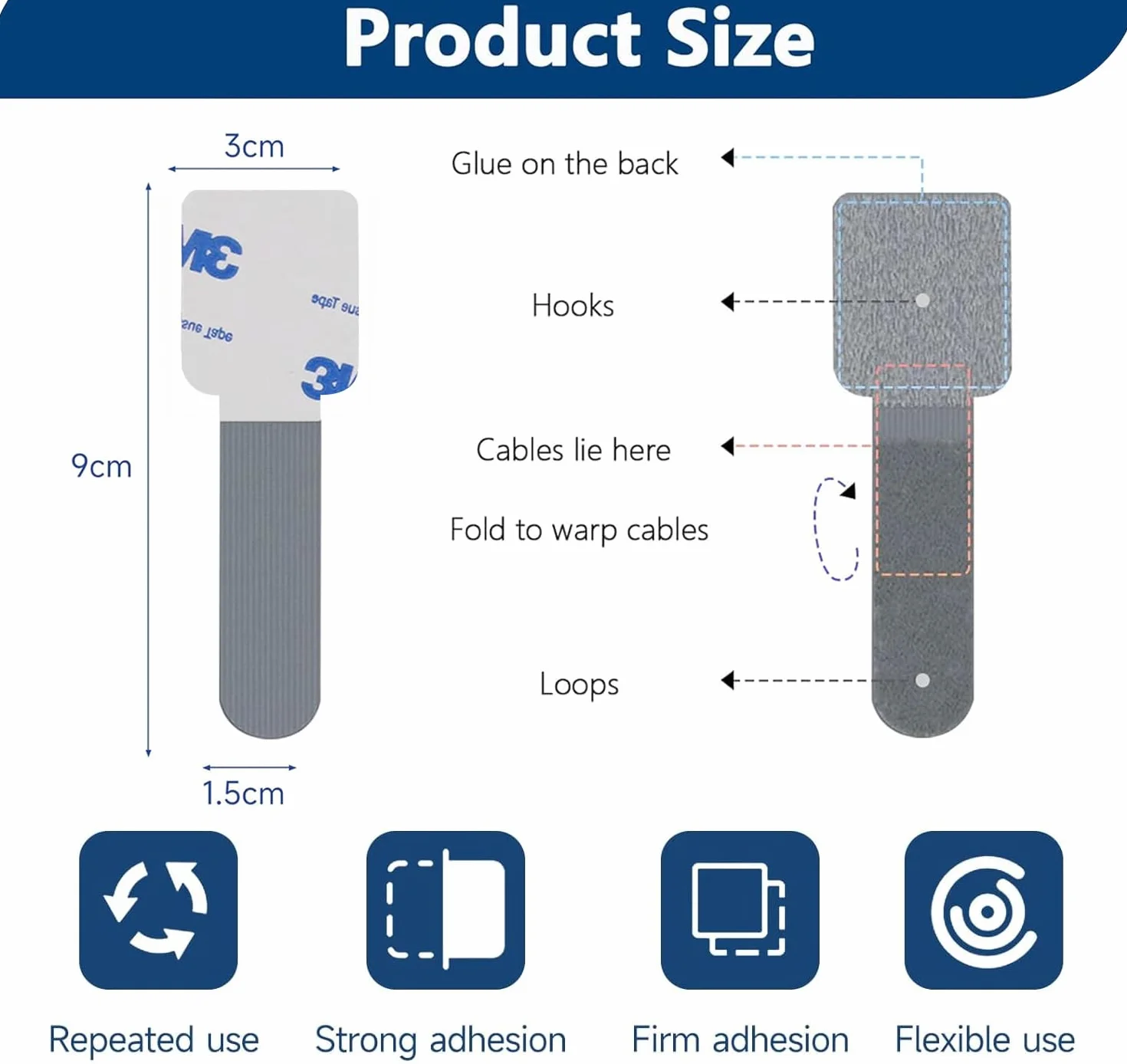 Clips Auto Adhésifs pour Rangement de Cables, Lot de 50, Organisateur de Cables Réutilisable Réglable sous Bureau, Gris