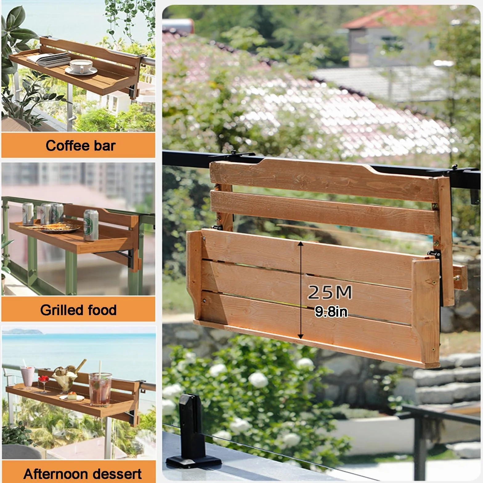 Table de Bar de Balcon pour Balustrade Pliable Résistante aux Intempéries 120x20cm