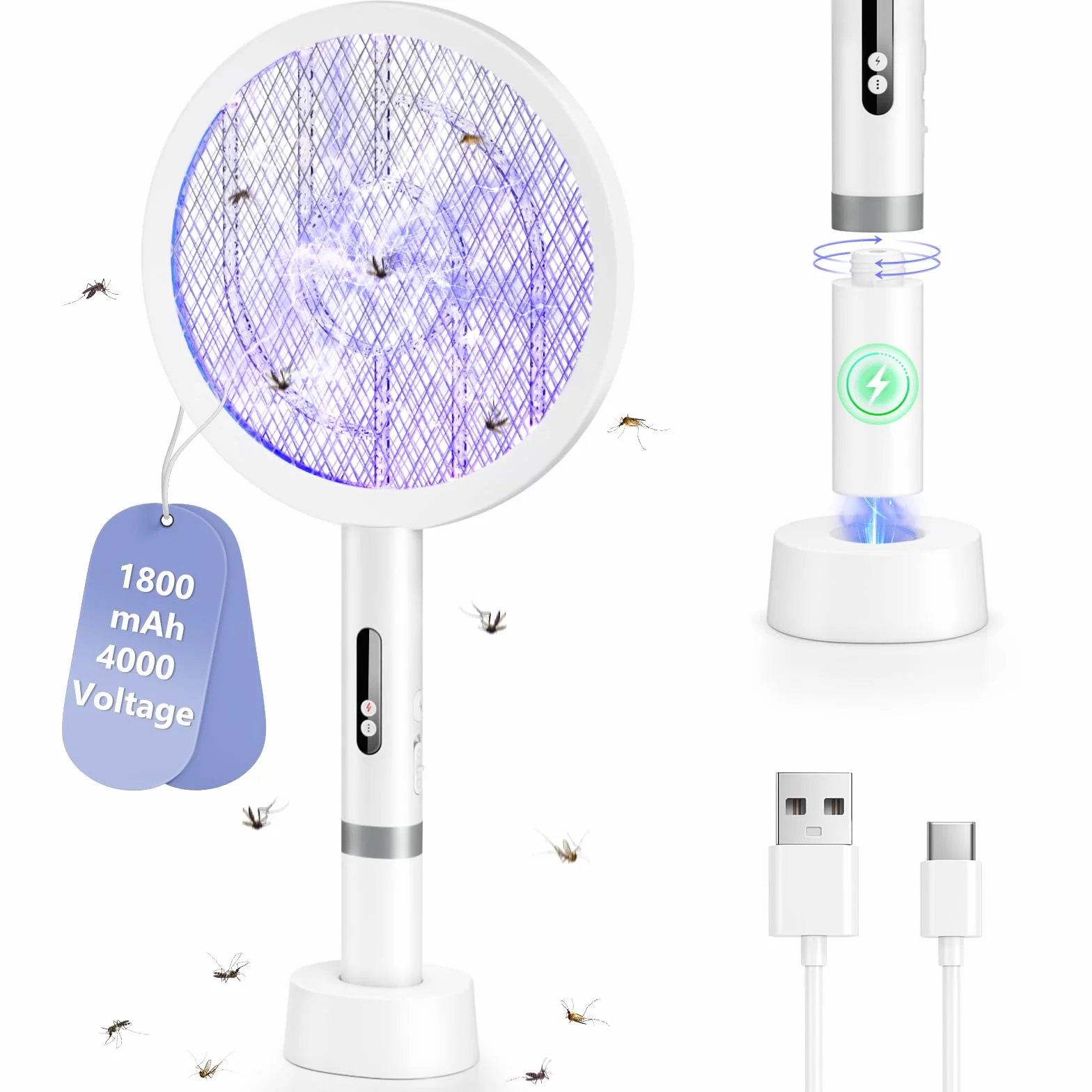 2 in1 Raquette Electrique Insectes, 4000V Puissant Raquette Moustique Electrique, 1800mAh USB Rechargeable Tapette à Mouche avec 3 Couches Protection en Maille pour Intérieur Extérieur