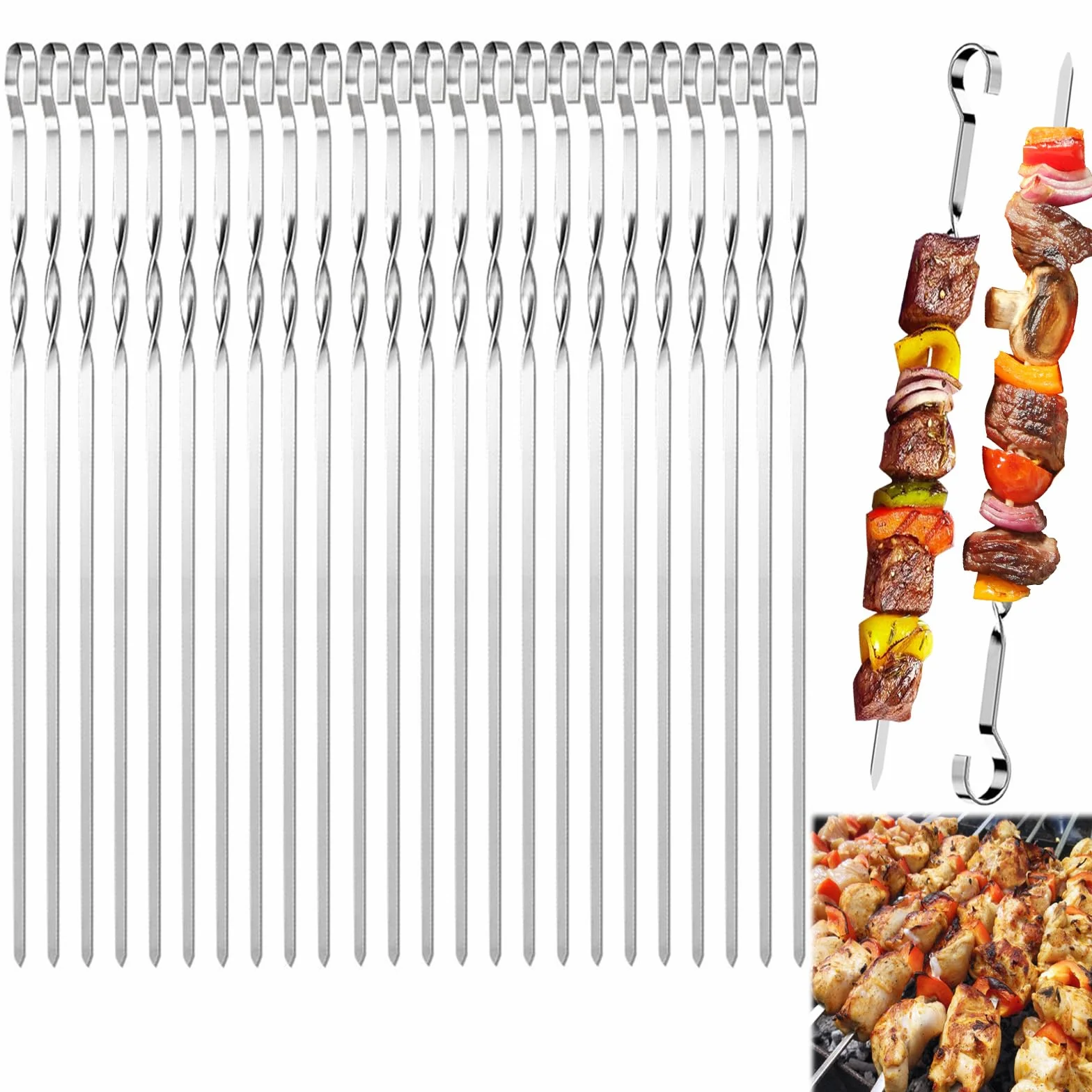 24 Pièces Brochette inox, 30cm Brochettes de grillades, Brochettes RéUtilisables en Acier Inoxydable, Brochettes Pour Griller, Brochette Réutilisables pour Barbecue,Viande,légumes (A-24 Pcs-30 Cm)
