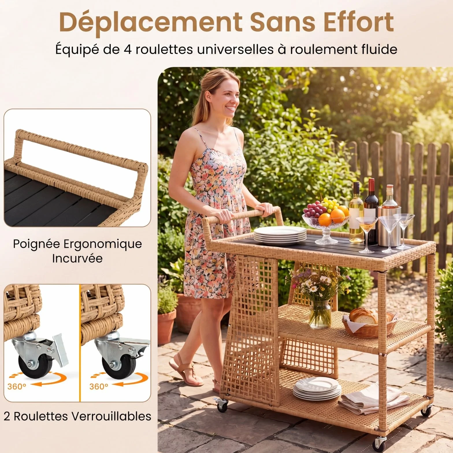 SOARS Chariot de Bar Extérieur en Rotin PE, 3 Niveaux, Desserte de Jardin