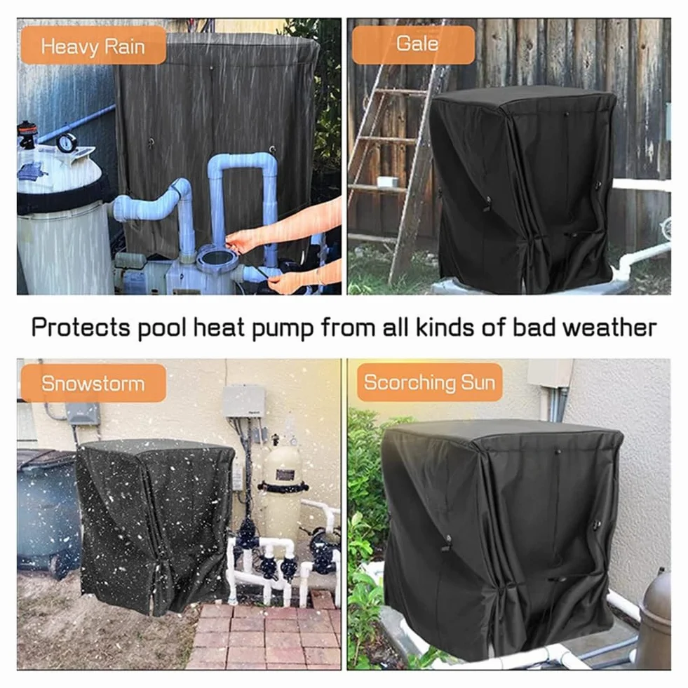 Bâche de Protection pour Réchauffeur de Piscine, Couverture Hiver avec Trou pour Tuyau et Fermeture Auto-Agrippante