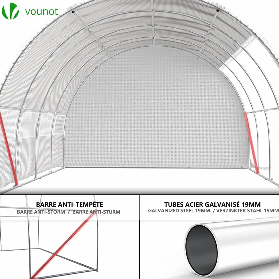 VOUNOT Serre de Jardin Tunnel 300x400x200cm Acier Galvanisé PE Haute densité 140 g/m² 12m2 Anti-UV Zip Enroulables