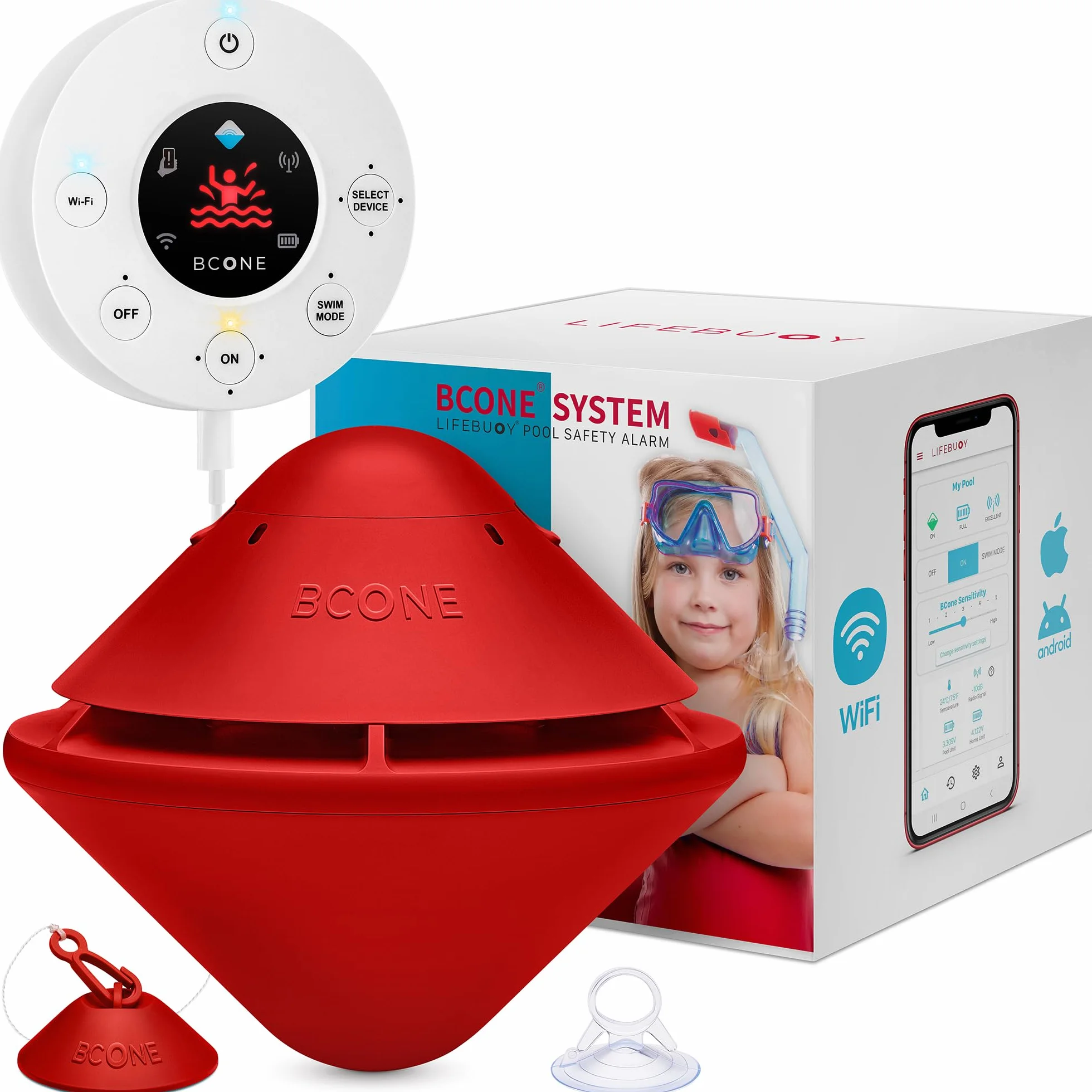 BCone Alarme de Sécurité pour Piscine Flottante Connectée, Sirène Puissante, Application Mobile, Détection de Chute, Protection Enfants et Animaux, Installation Rapide