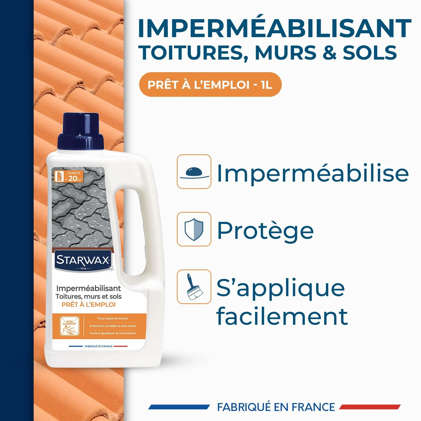 STARWAX Imperméabilisant Toitures Murs Sols Protection Hydrofuge Oléofuge Effet Déperlant Non Glissant Fabriqué France 1L