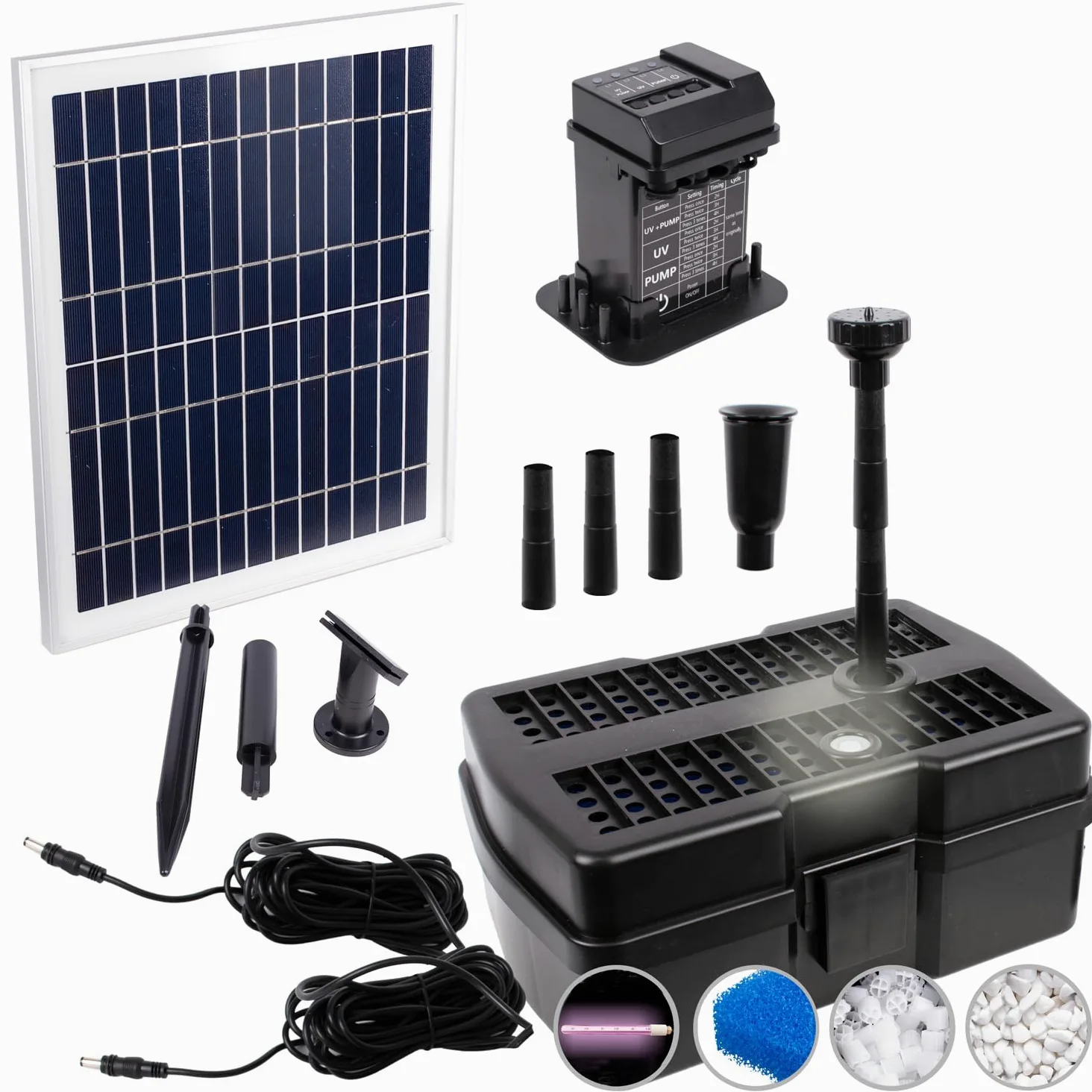 AMUR Fontaine de Bassin Solaire - Kit avec Filtre UV Anti-Algue et Minuterie et Panneau Solaire Stable (Aqua-Vital 12-UV-C)