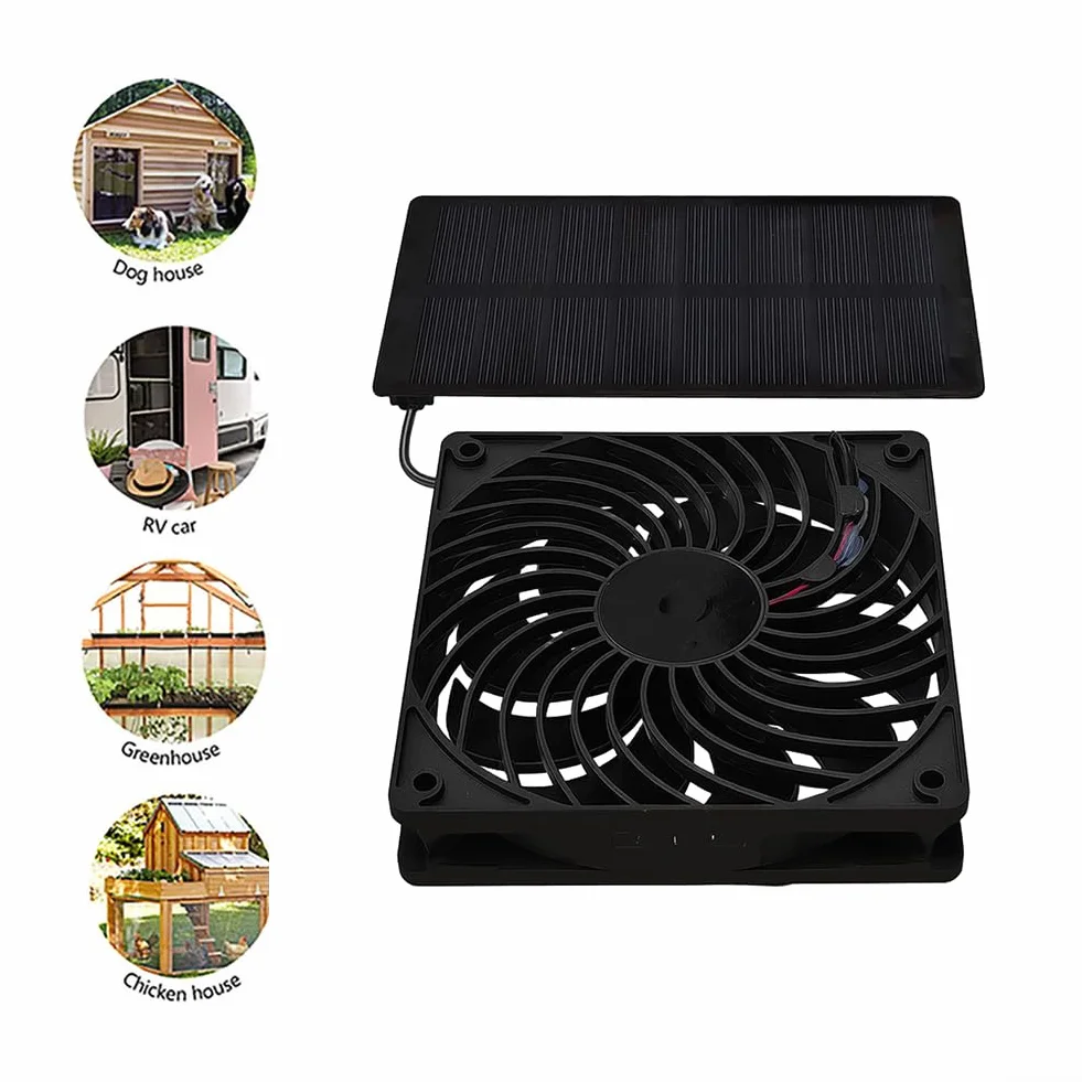 Ventilateur solaire de 120 mm CC - Panneau polycristallin pour la circulation de l'air - Design compact pour serre, terrasse, abri de jardin, camping