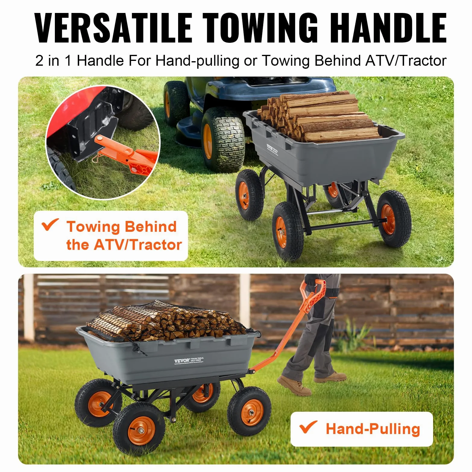 VEVOR Chariot à Benne basculante, capacité de Charge 680 kg​, Chariot de Jardin en polyéthylène Robuste avec Cadre en Acier, poignée Convertible 2 en 1, Roues 330 mm, brouette Utilitaire pour pelouse