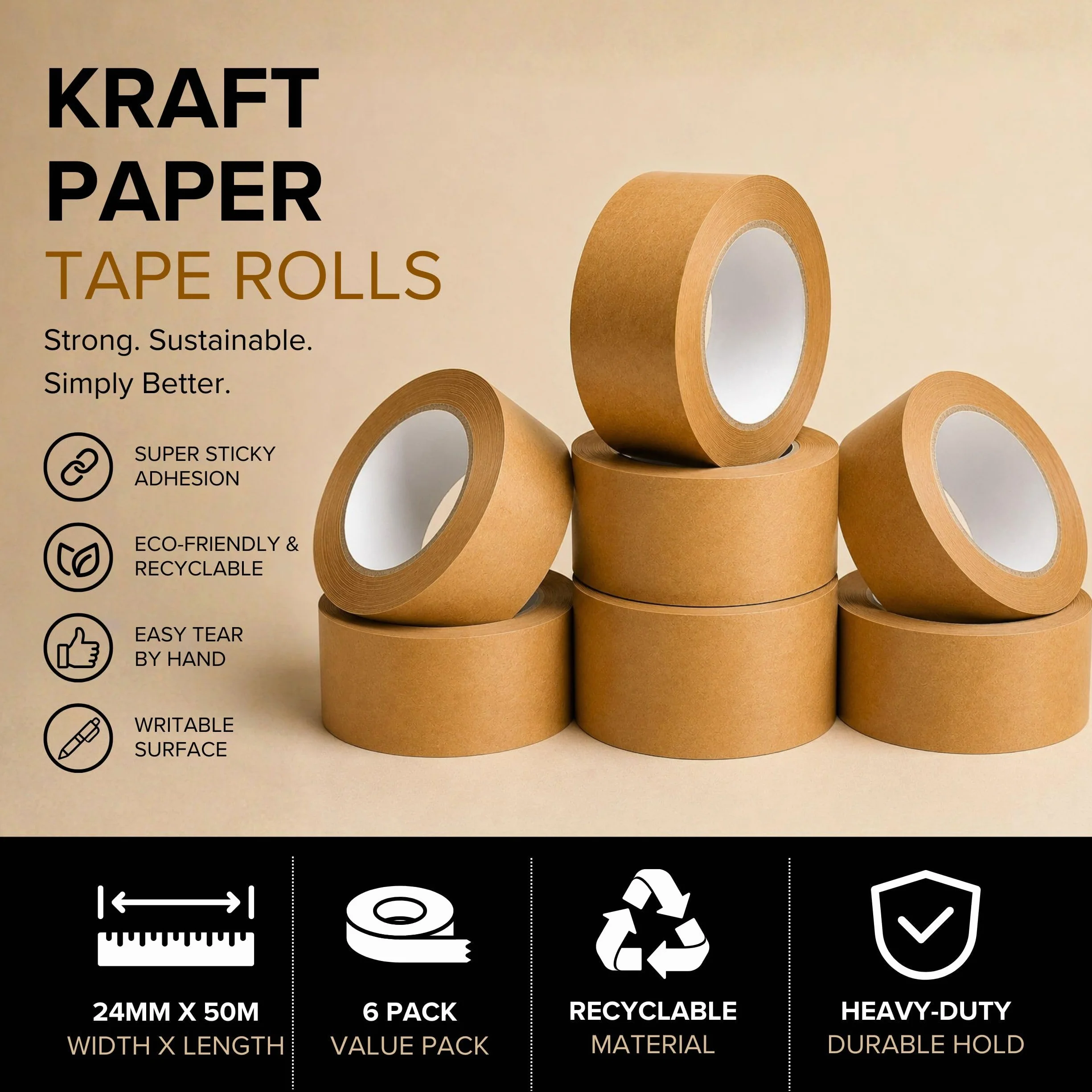 Volila Ruban Adhésif Kraft 48mm x 50m 6 Rouleaux Papier Brun Résistant pour Colis et Cadrage