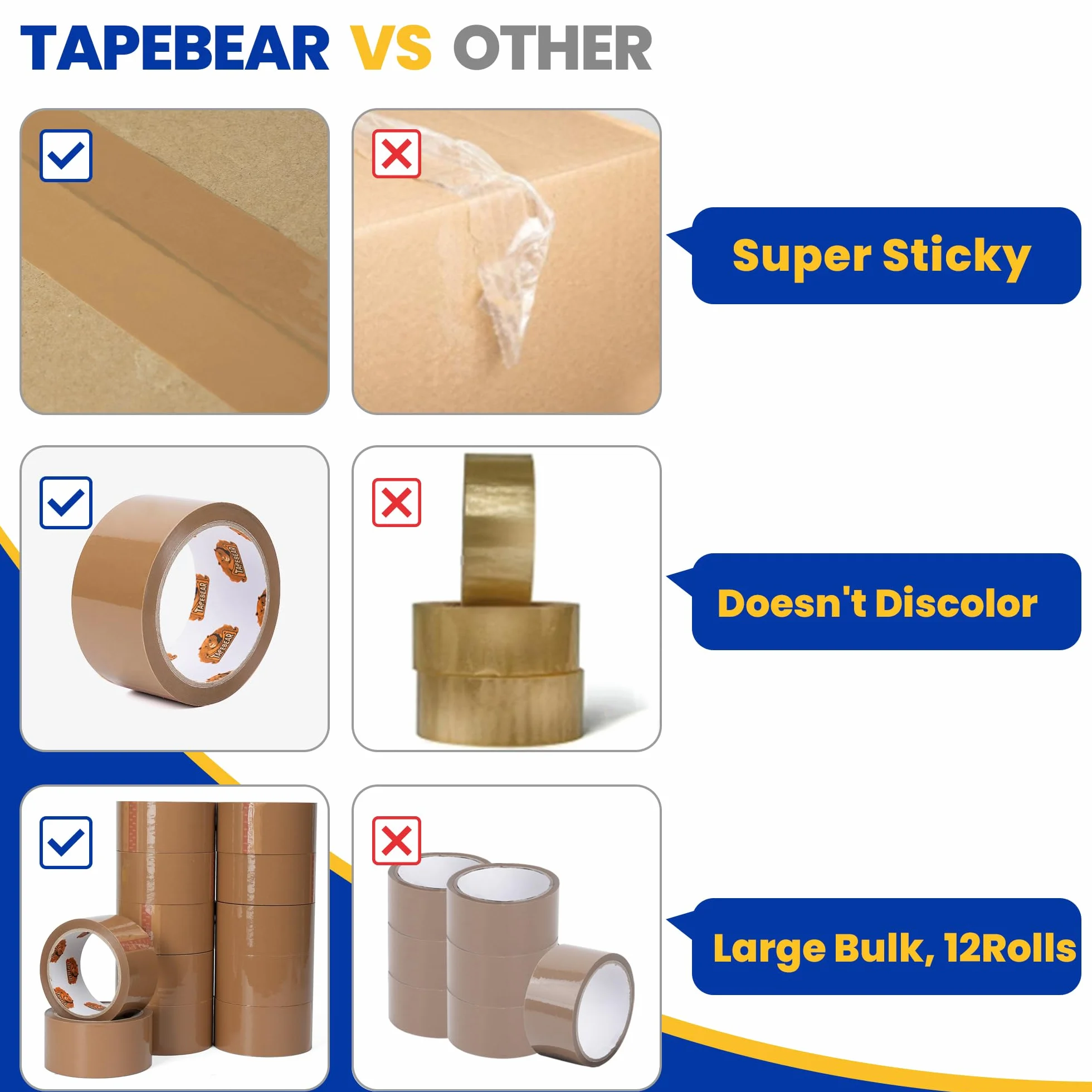 TAPEBEAR Ruban d'Emballage Marron 66 µm 48 mm x 50 m Lot de 12 Rouleaux