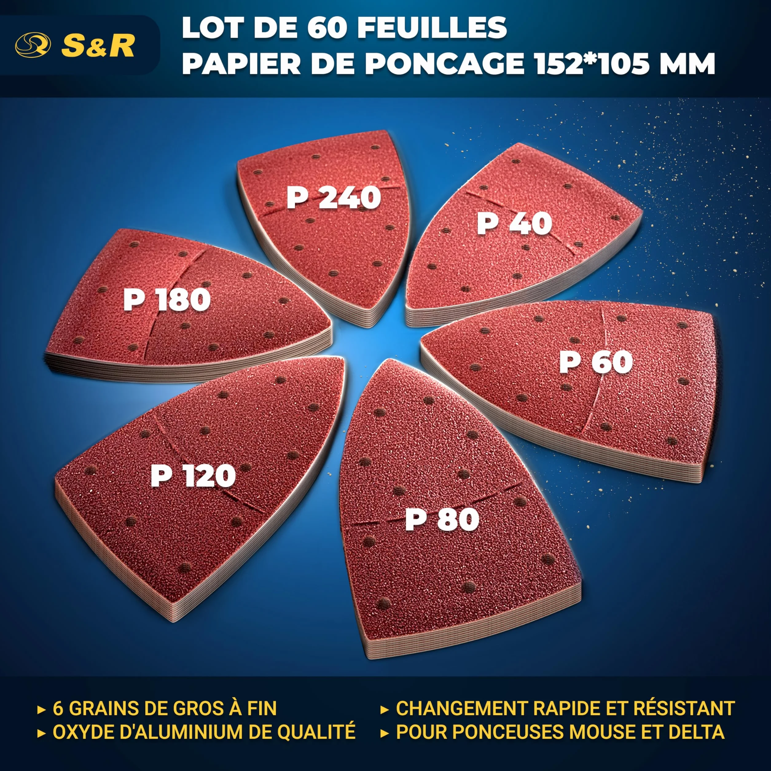 S&R Papier Abrasif Ponceuse Triangulaire Delta 105mm Grain P40/60/80/120/180/240
