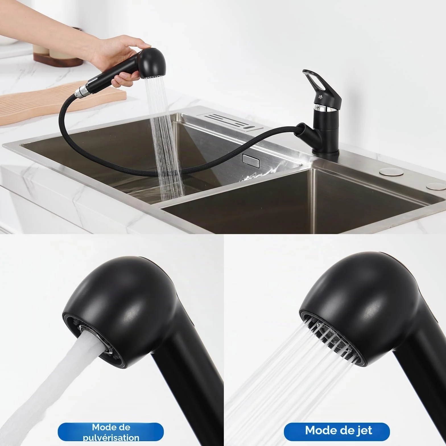 Auralum Robinet de Cuisine Noir Douchette Extractible 2 Jets Mitigeur Évier 360° Laiton Monotrou Eau Froide Chaude