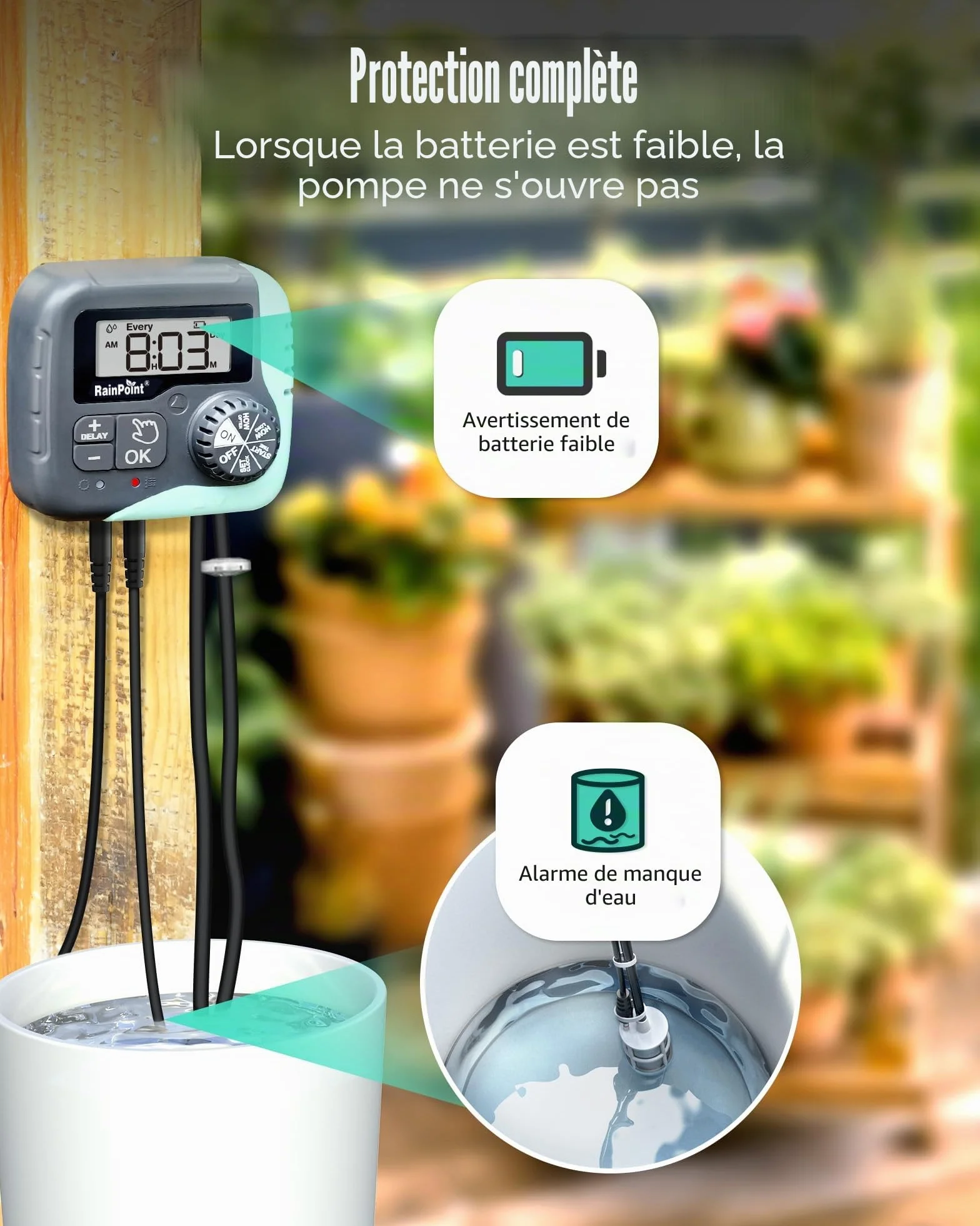 RAINPOINT Kit d'Arrosage Goutte à Goutte Solaire Automatique 45 L/H Pompe Programmable 2600 mAh