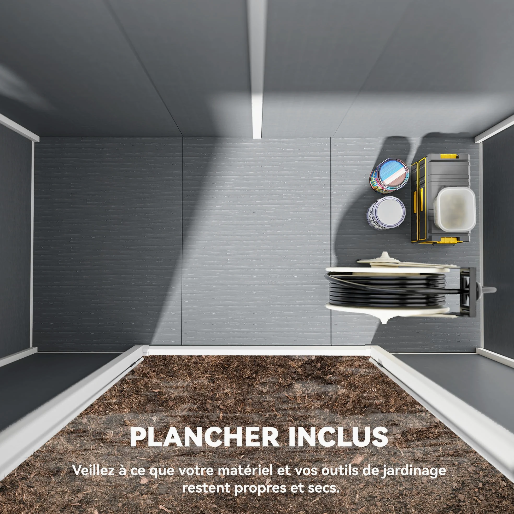 Outsunny Abri de Jardin 2,54 m² cabane de Jardin extérieur 2,4 x 1,3 m cabanon Rangement Outils avec Fondation, fenêtre, Portes verrouillables et 2 aérations, abri à Outils en Aluminium et PP, Gris