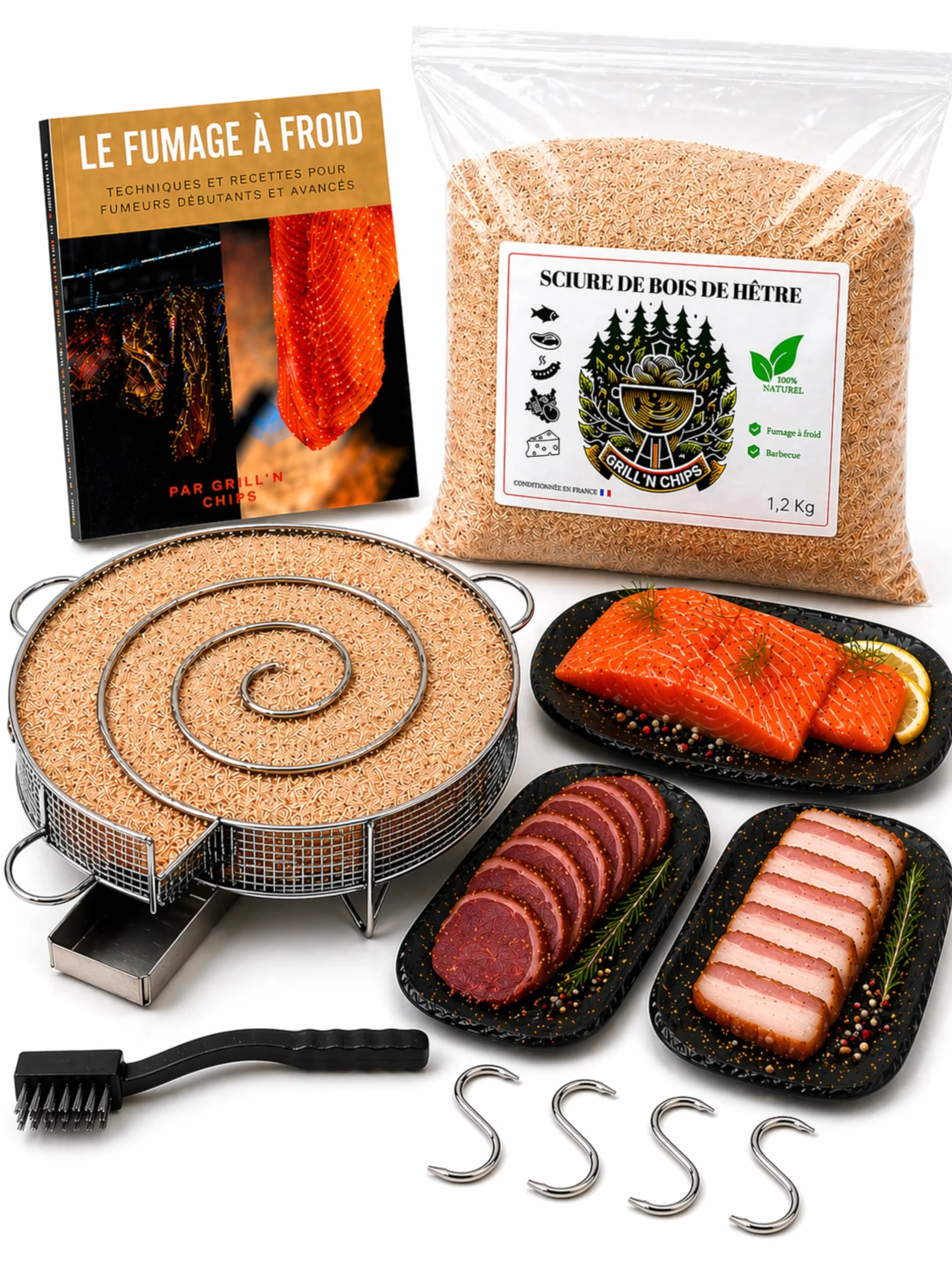 Générateur/Serpentin de Fumée Froide pour Fumoir Viande et Poisson + 1.2kg de Sciure de bois de hêtre + 4 crochets et 1 Brosse de nettoyage - Guide Numérique PDF à Télécharger (Offert)