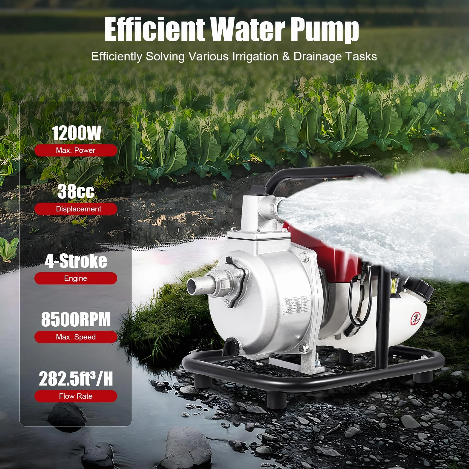 Pompe à eau à essence 4 temps 38 CC 1200 W 8500 tr/min centrifuge portable