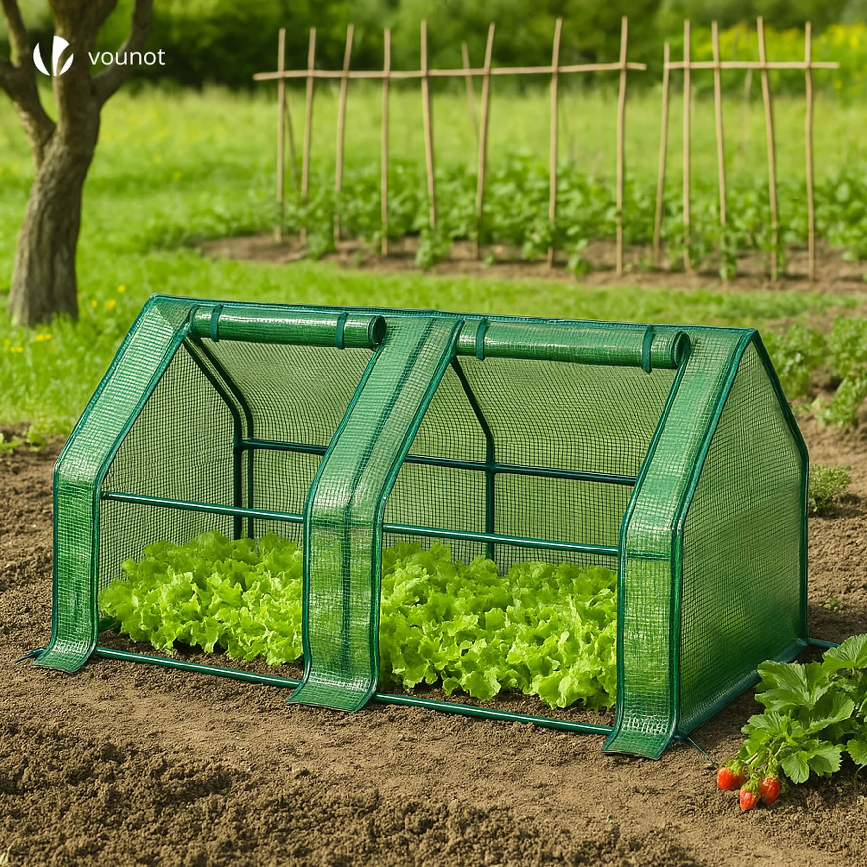 VOUNOT ® Mini Serre de Jardin à Toit Pointu avec 2 fenêtres avec Zip enroulables Bâche PE renforcée 135g/m2 pour semis Plantes Fleurs légumes 180x90x90cm Vert