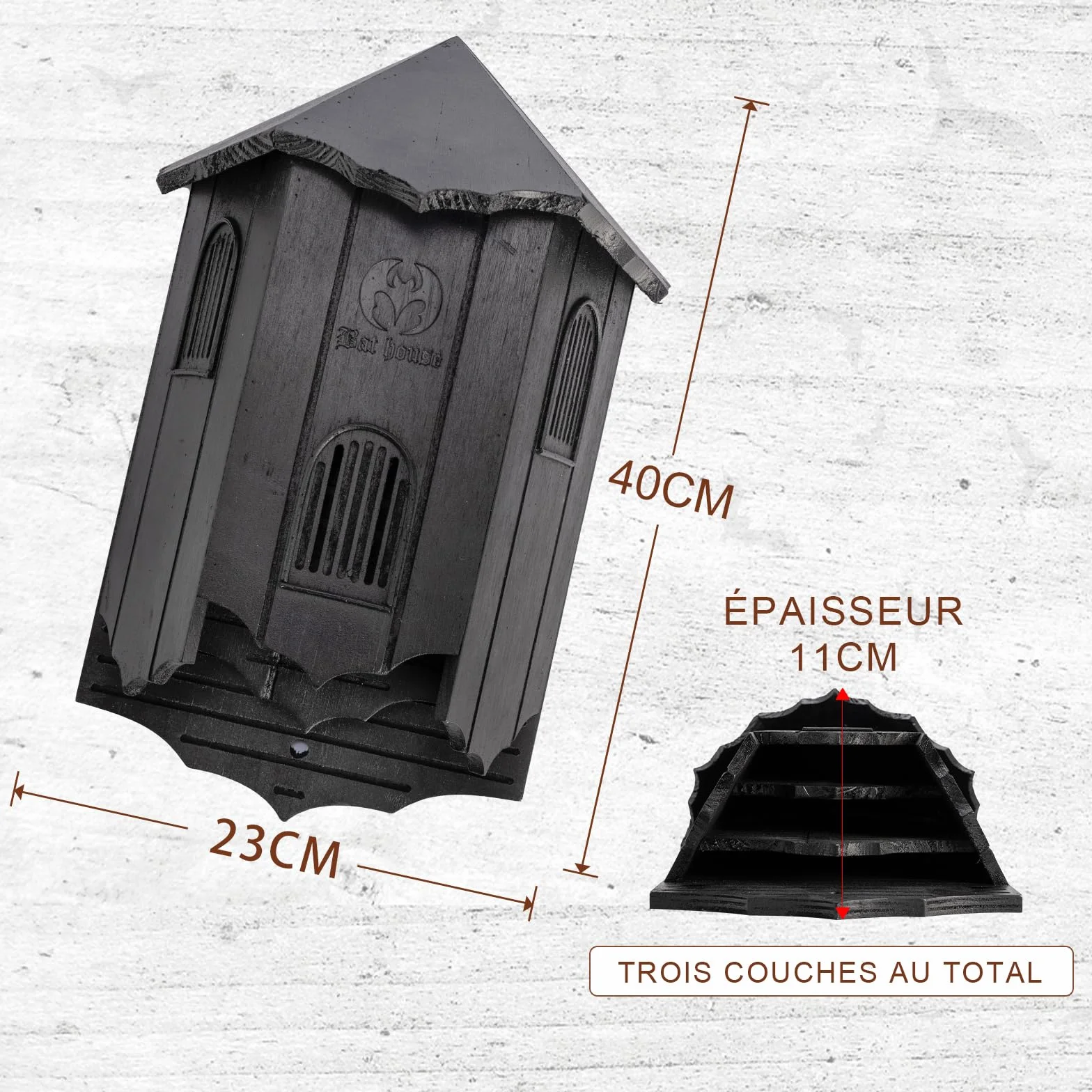 VIREESR Maison chauve-souris bois extérieur grande boîte trois compartiments durable facile accrocher