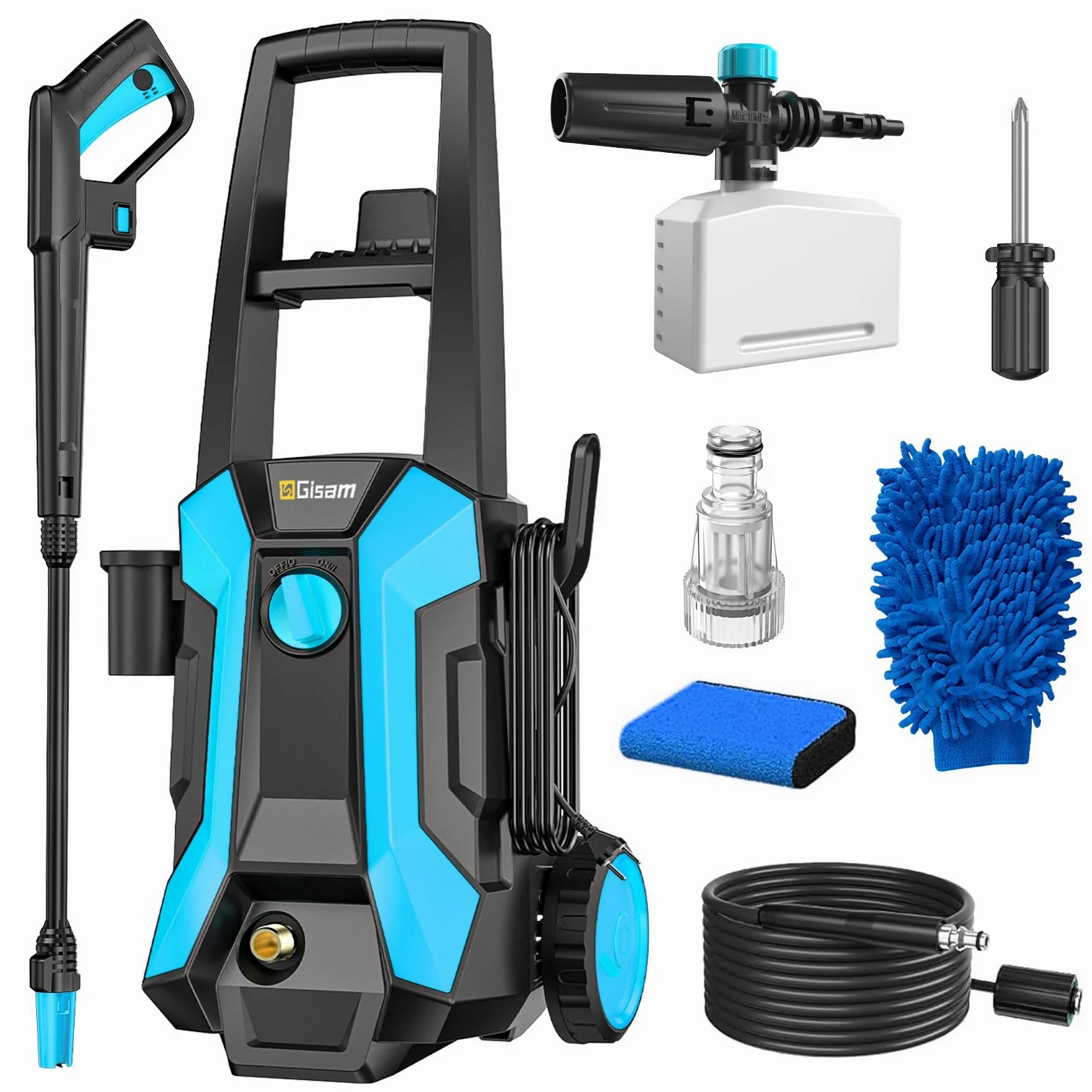 Gisam 2200W Nettoyeur Haute Pression, avec Enrouleur De Tuyau De 8m, Max 180bar,DéBit 480l/H,avec Bouteille De Savon Buse à Mousse, Pistolet Haute Pression pour, Voitures/ClôTures/Jardin