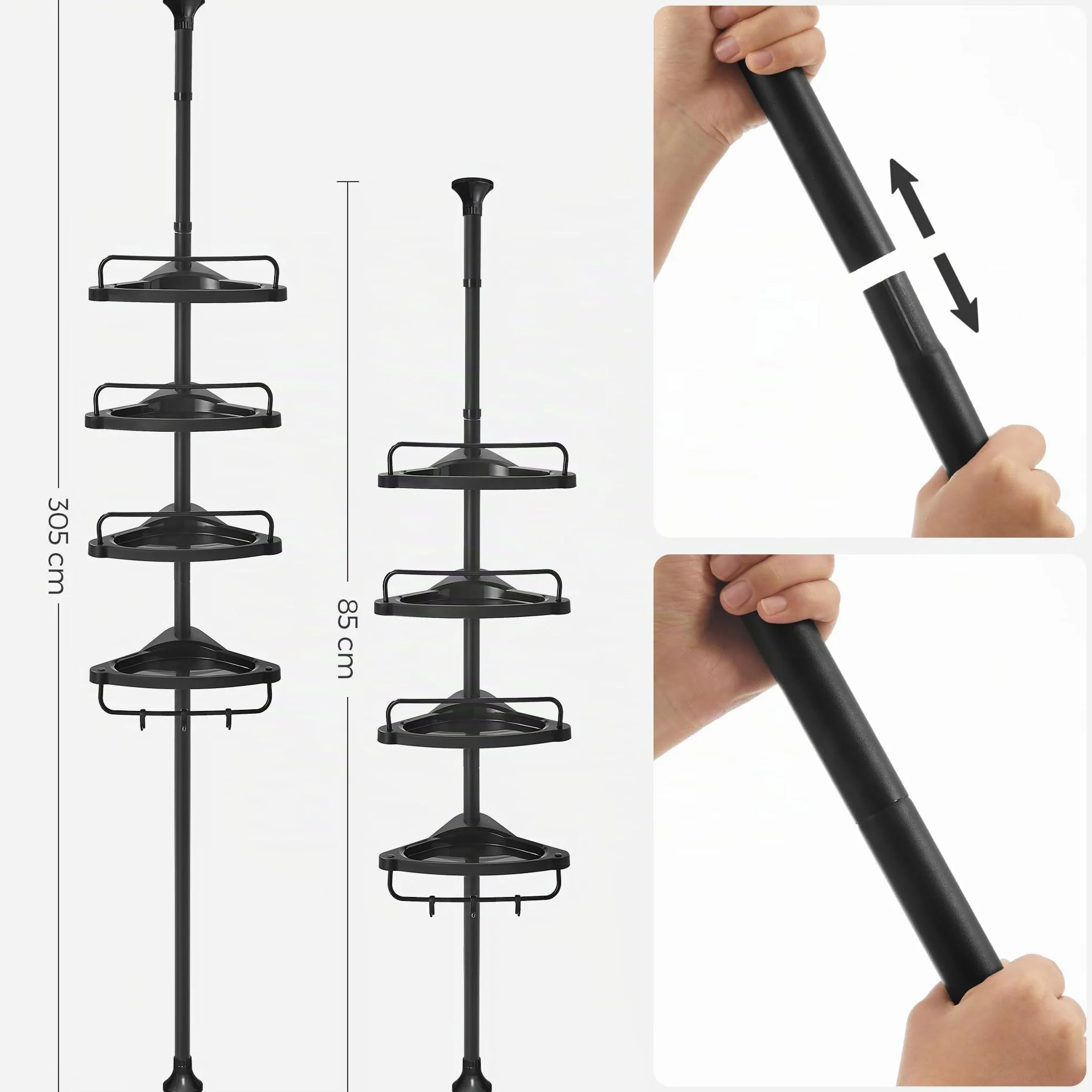 SONGMICS Étagère de Douche Réglable 4 Niveaux, Étagère d'angle Télescopique, Hauteur 85-305 cm, Rangement Salle de Bain Noir