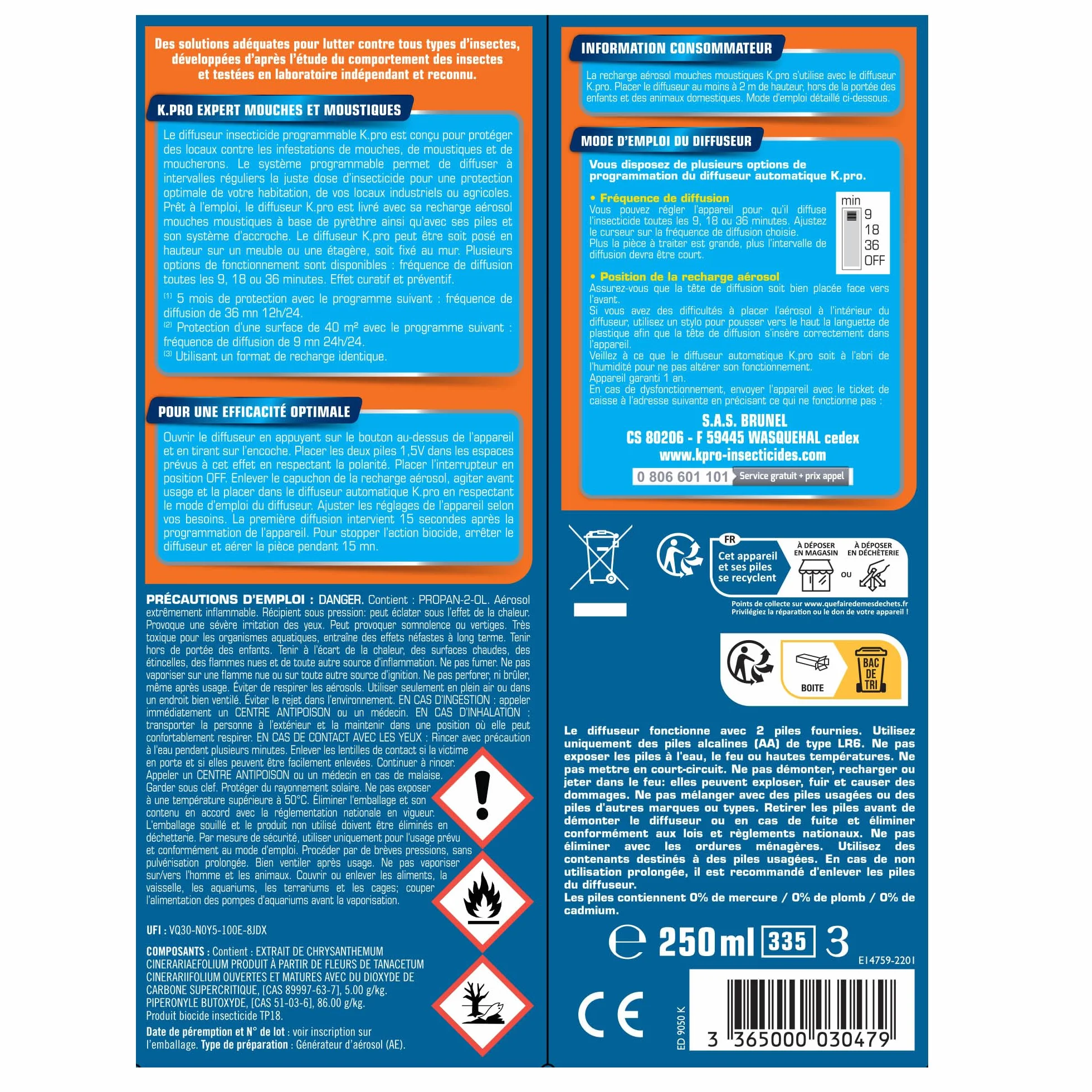 K.PRO Diffuseur automatique contre mouches et moustiques 250 ml 5 mois protection programmable 3 fréquences 40 m²